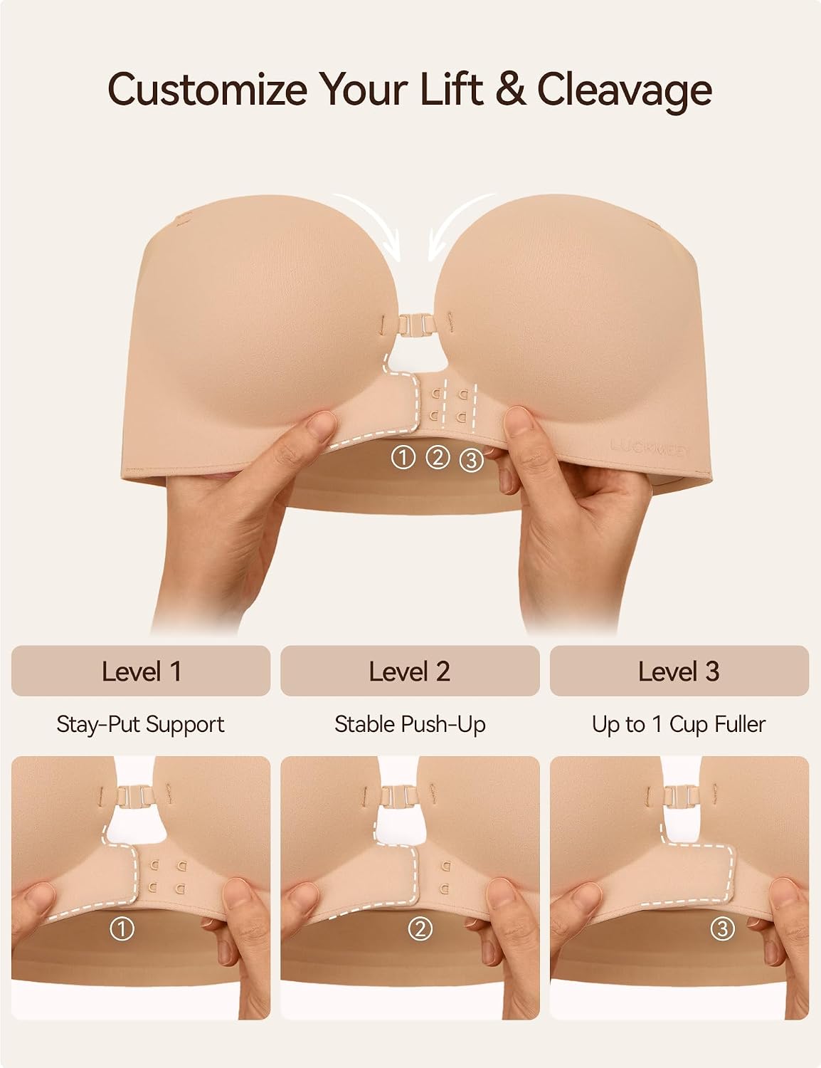 LUCKMEEY Women's Strapless Front Closure Push Up Bra, Non-Slip Removable Straps, Wireless Seamless, A-C Cup