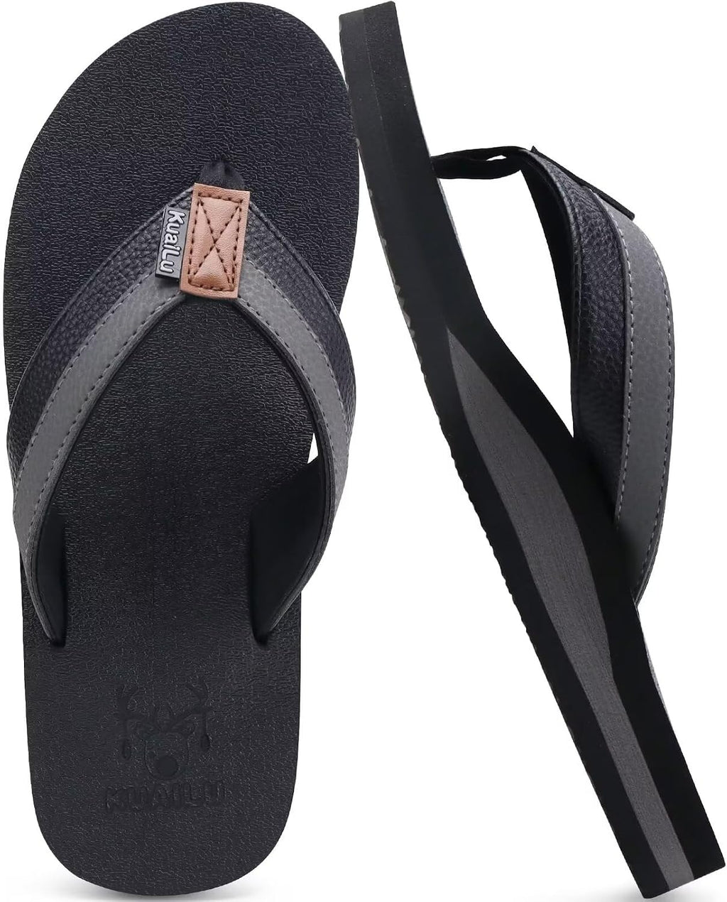 KuaiLu Mens Faux Leather Flip Flops with Comfortable Arch Support