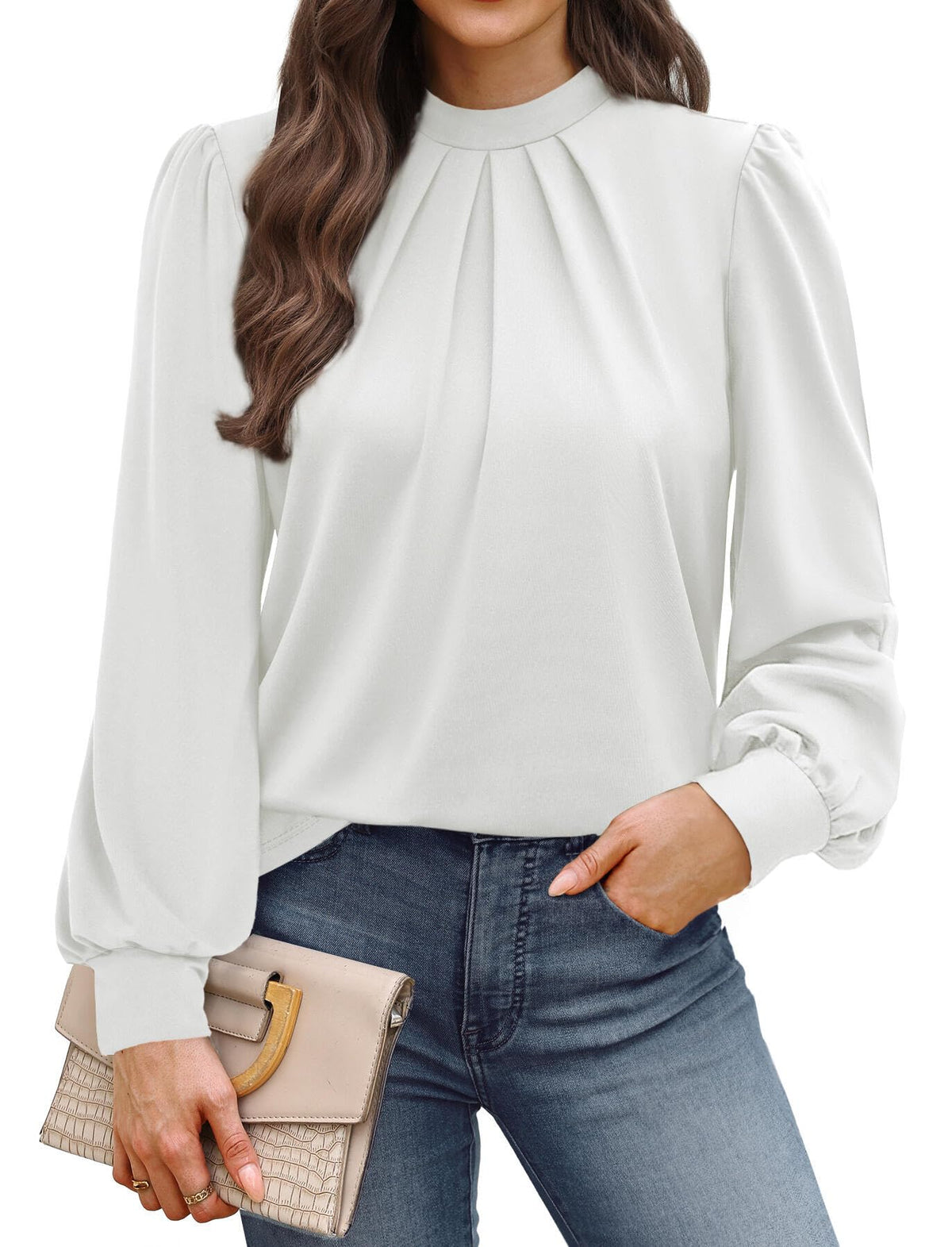 WIHOLL Long Sleeve Shirts for Women Mock Neck Tops Pleated Front Blouses Dressy Casual Spring Fall Clothes 2026 Fashion