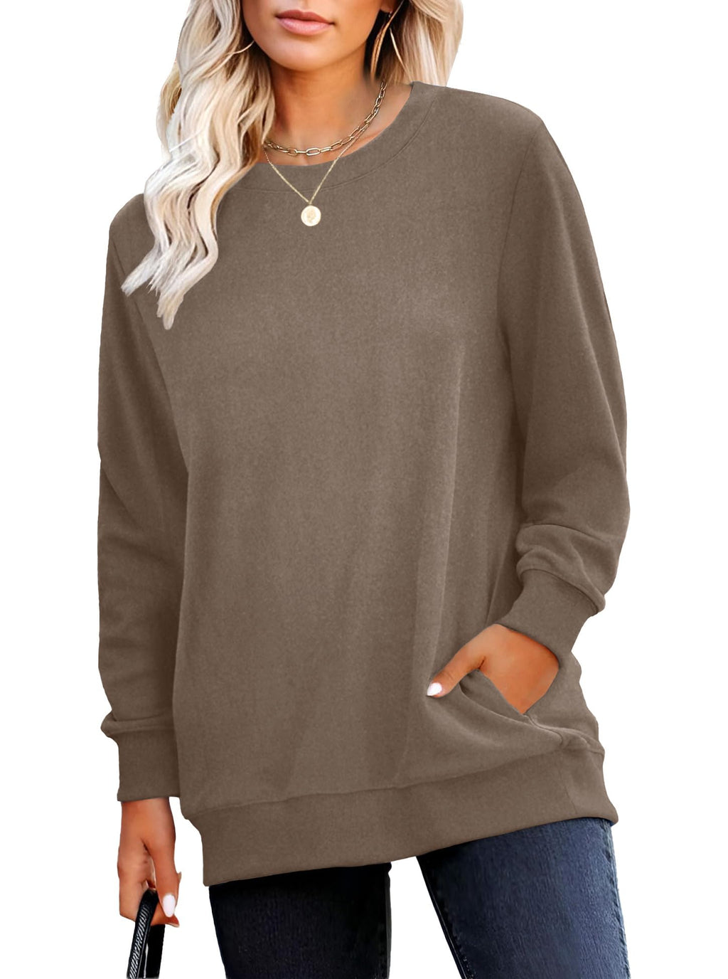 RUMIA Crewneck Fall Sweatshirt for Women Plain Long Sleeve Top with Pocket