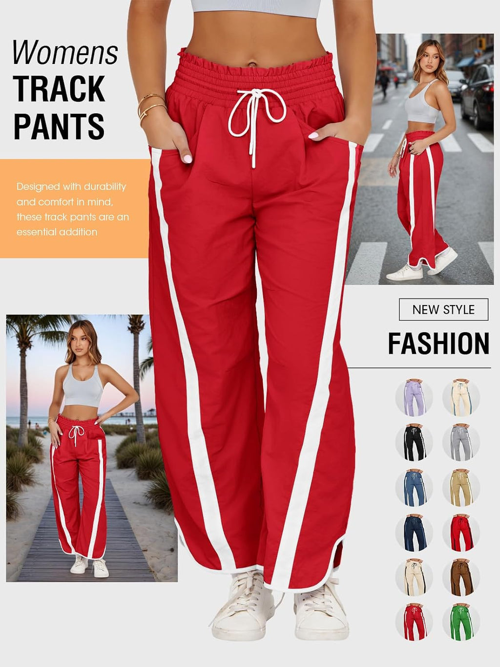 Fisoew Women's Baggy Wide Leg Pants Casual Drawstring Elastic Waisted Contrast Color Workout Y2K Track Pants