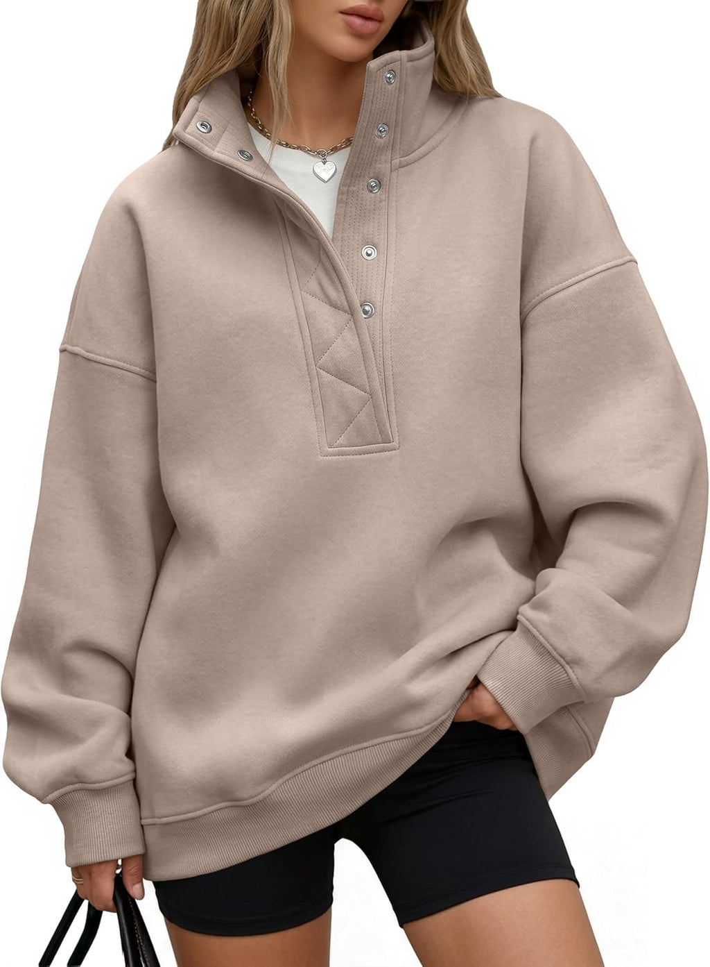 Trendy Queen Womens Oversized Sweatshirts with Snap Button Henley Collar