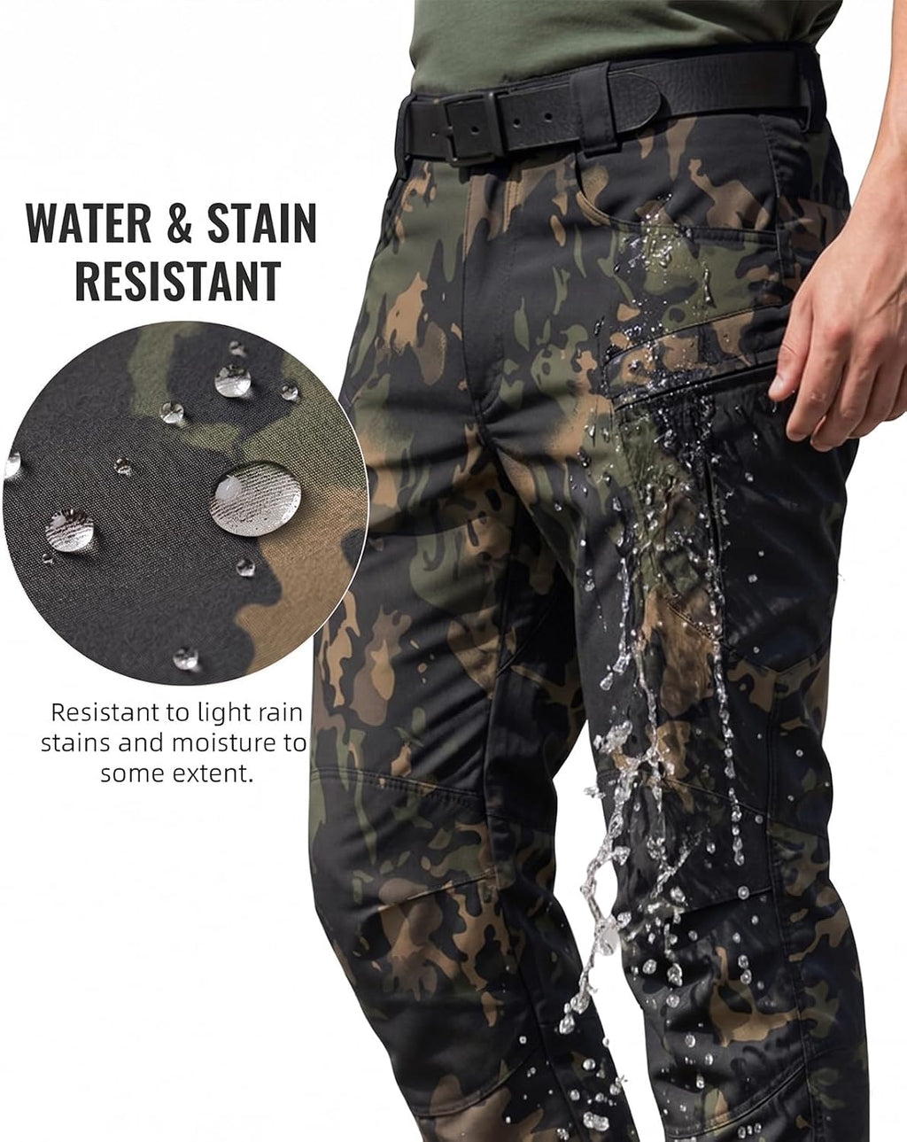 Men's Stretch Tactical Pants Waterproof Ripstop Fabric Cargo Pants Lightweight Casual Hiking Outdoor Work Pants (No Belt)
