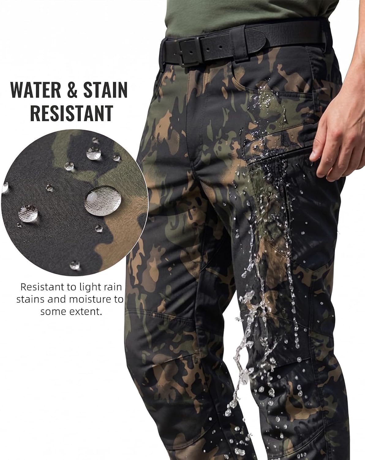Men's Stretch Tactical Pants Waterproof Ripstop Fabric Cargo Pants Lightweight Casual Hiking Outdoor Work Pants (No Belt)