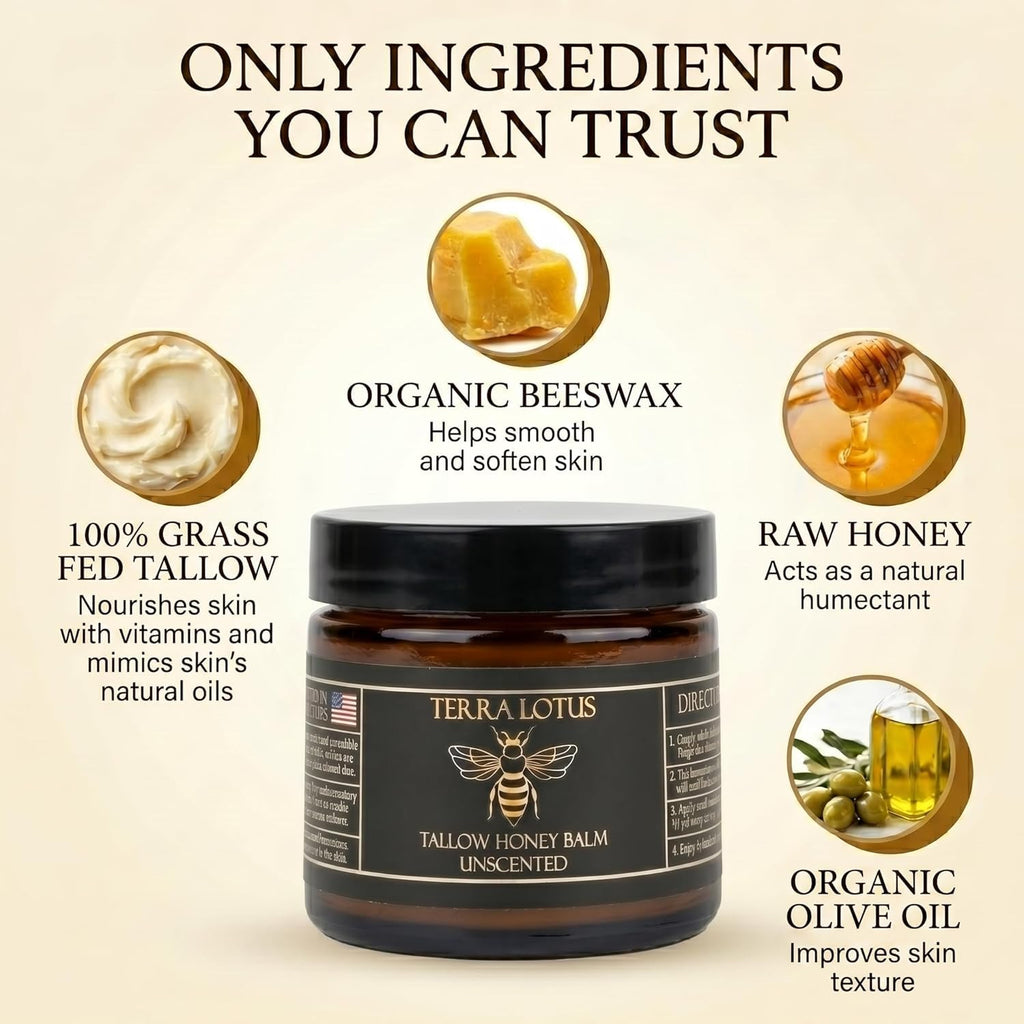 Terra Lotus - Organic Grass-Fed Beef Tallow Balm with Raw Honey - Moisturizing Cream - Handmade All-Natural Moisturizer (4 Oz, Unscented)