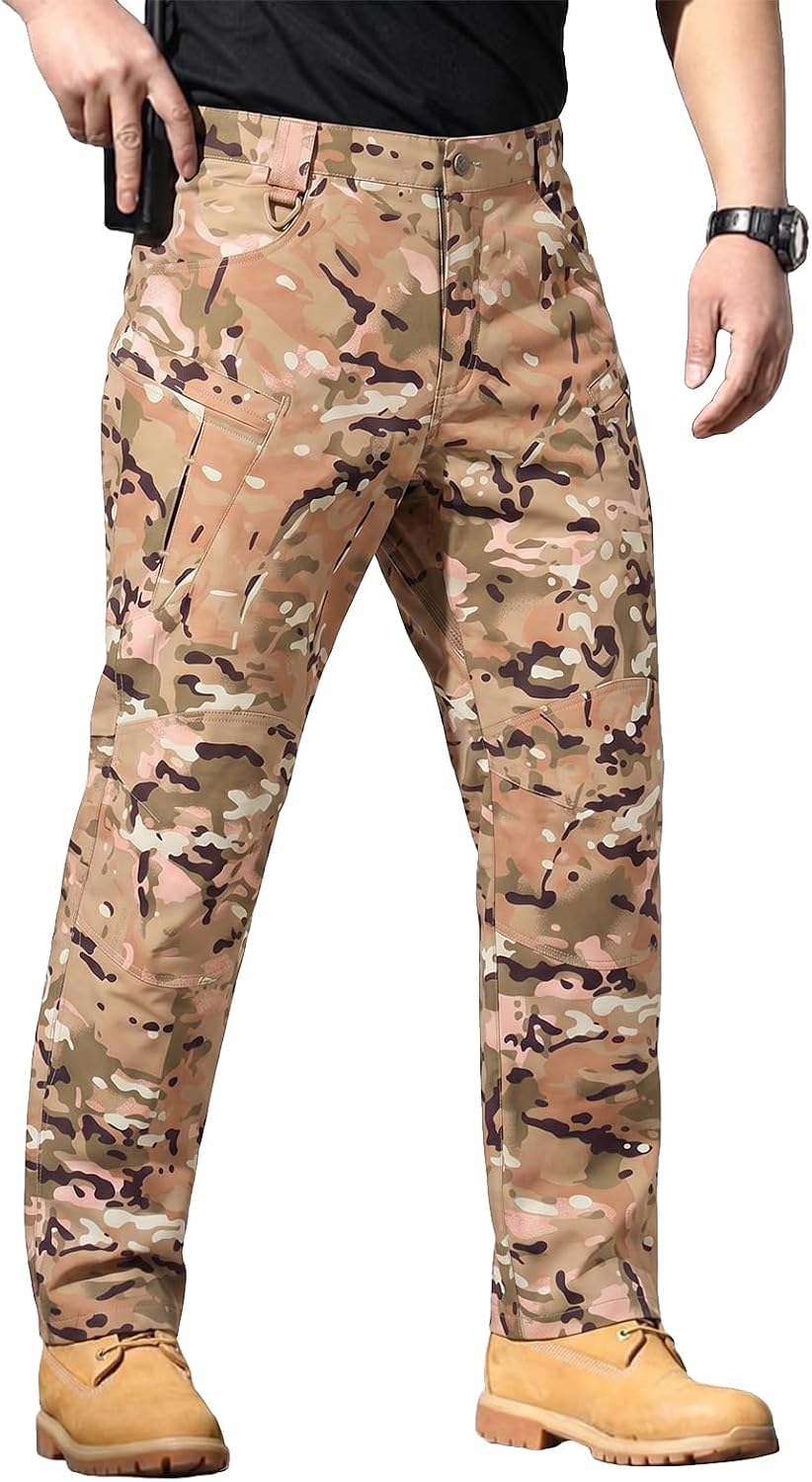 Men's Stretch Tactical Pants Waterproof Ripstop Fabric Cargo Pants Lightweight Casual Hiking Outdoor Work Pants (No Belt)