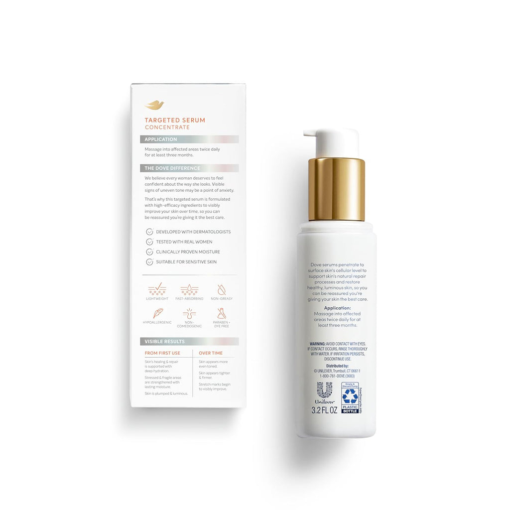 Dove Targeted Serum Multipurpose for Stretch Marks, Dark Spots, Uneven Skin Tone and Elasticity,with Tone Balance Complex, Niacinamide, Collagen Peptides and Natural Moisturizing Factors, 3.2 oz