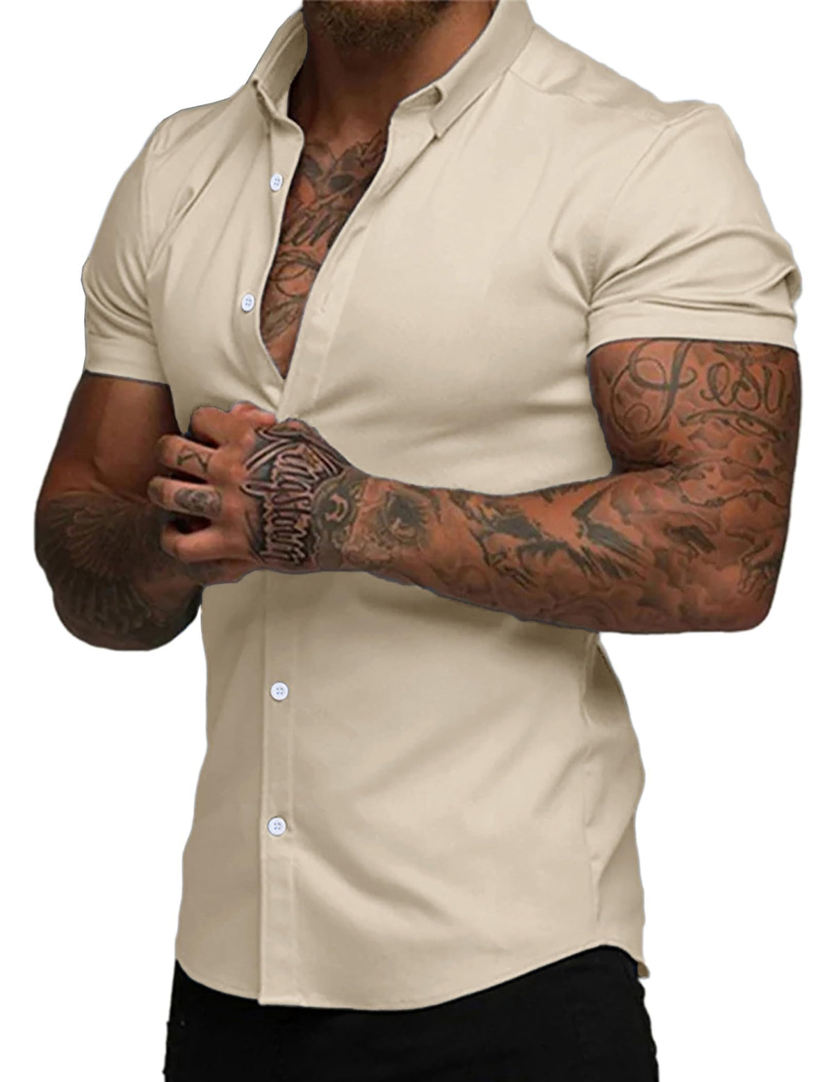 JMIERR Men's Muscle Fit High Stretch Wrinkle-Free Button Down Dress Shirts Summer Casual Short Sleeve Shirt