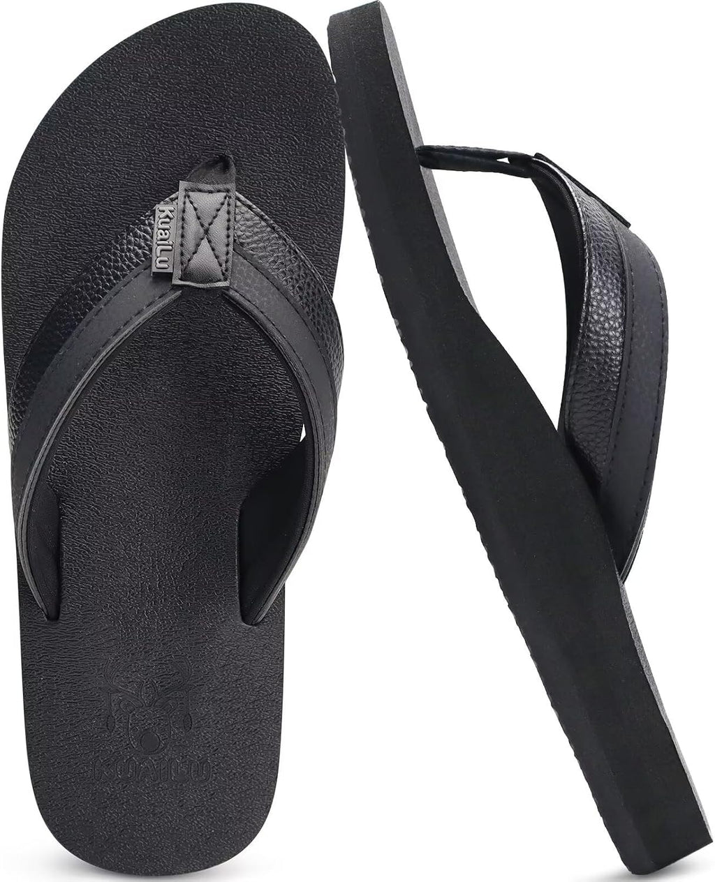 KuaiLu Mens Faux Leather Flip Flops with Comfortable Arch Support