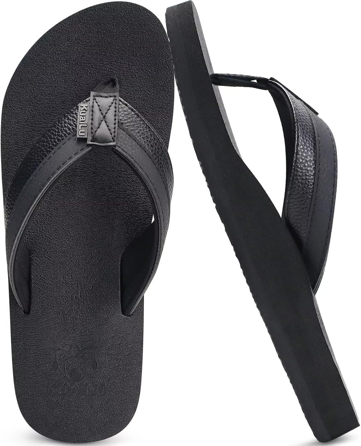 KuaiLu Mens Faux Leather Flip Flops with Comfortable Arch Support