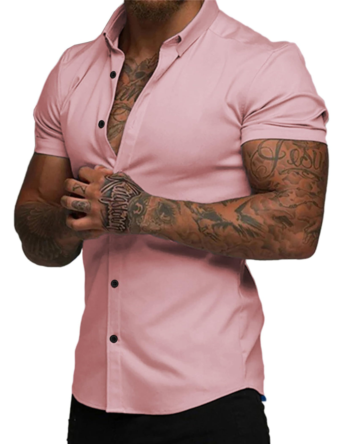 JMIERR Men's Muscle Fit High Stretch Wrinkle-Free Button Down Dress Shirts Summer Casual Short Sleeve Shirt