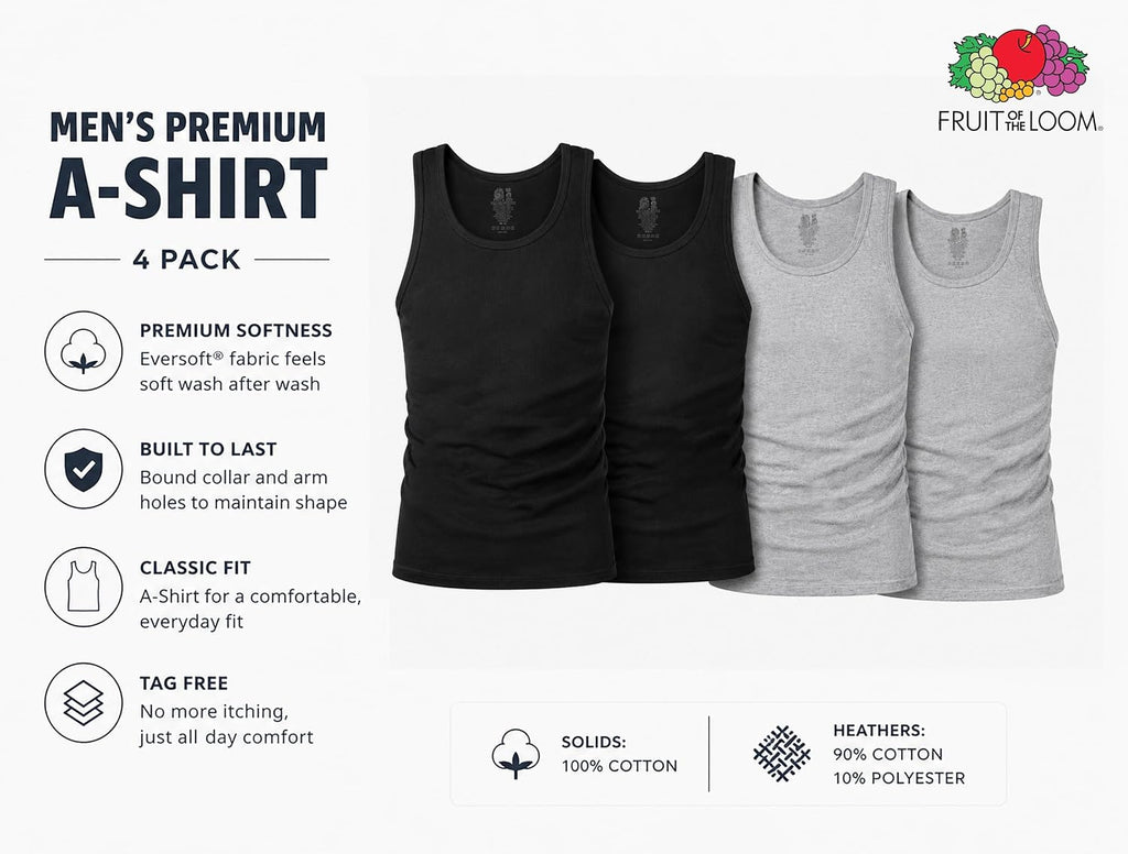 Fruit of the Loom Men's Sleeveless Tag Free Moisture Wicking Tank A-Shirt