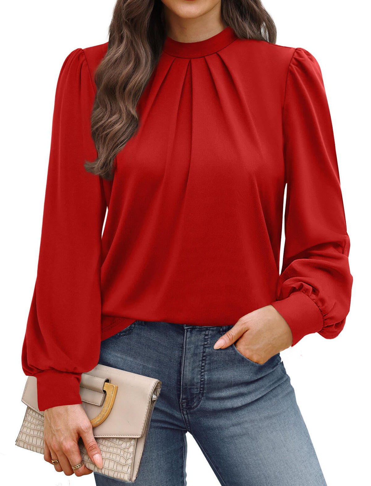 WIHOLL Long Sleeve Shirts for Women Mock Neck Tops Pleated Front Blouses Dressy Casual Spring Fall Clothes 2026 Fashion