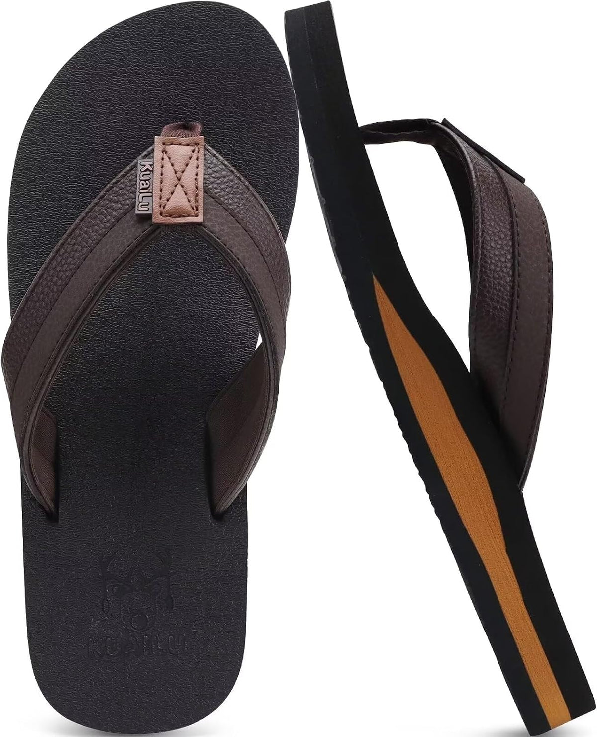 KuaiLu Mens Faux Leather Flip Flops with Comfortable Arch Support