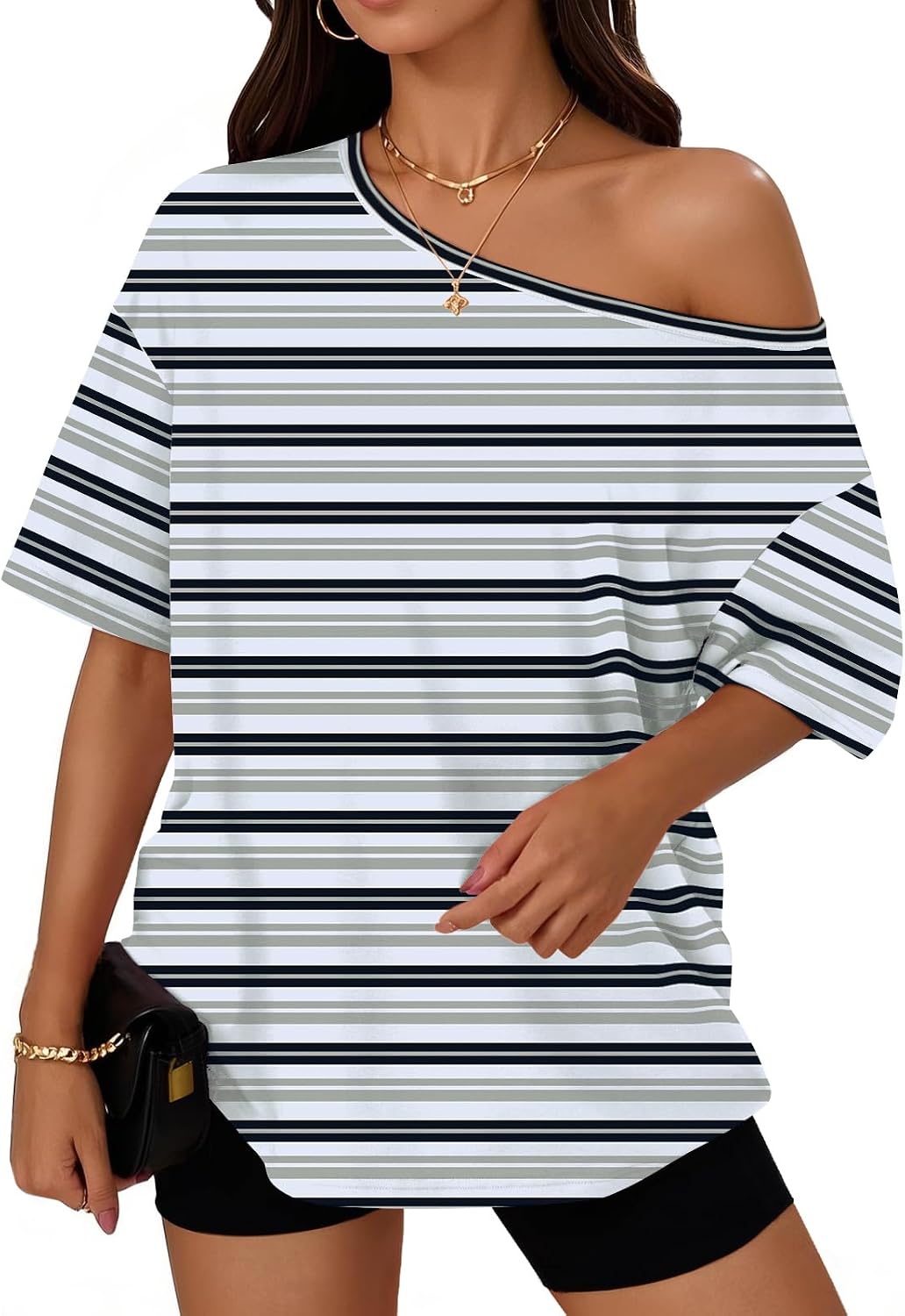 Trendy Queen Womens Off the Shoulder Tops Oversized Summer T-Shirts 2026