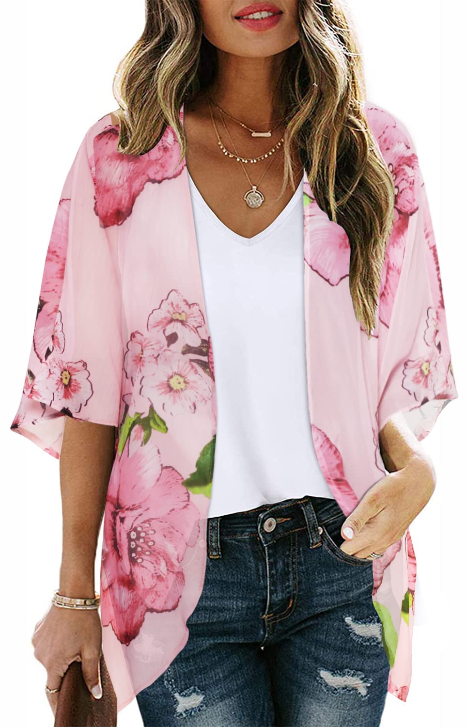 CHICGAL Womens Floral Kimono Cardigan Beach Cover Up Casual Summer Tops