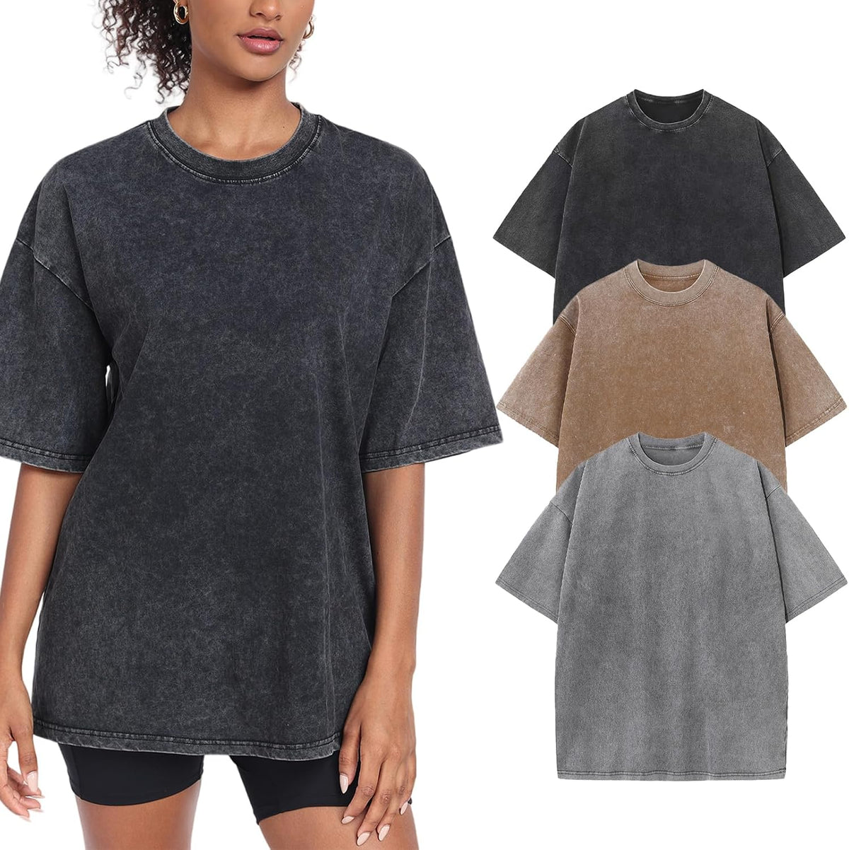 Womens Washed Vintage Oversized T-Shirt Baggy Workout Tops Short Sleeve Cotton Tshirts Streetwear Boyfriend Tee