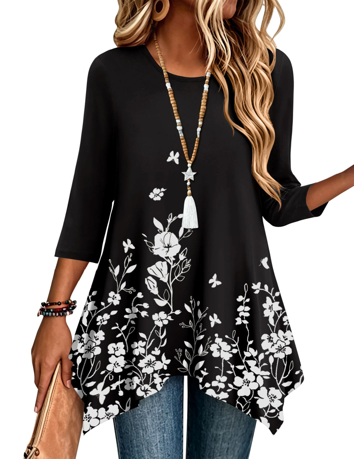 Zeagoo Womens Tops 3/4 Sleeve Loose Fit Dressy Tunics Plus Size Boho Shirts
