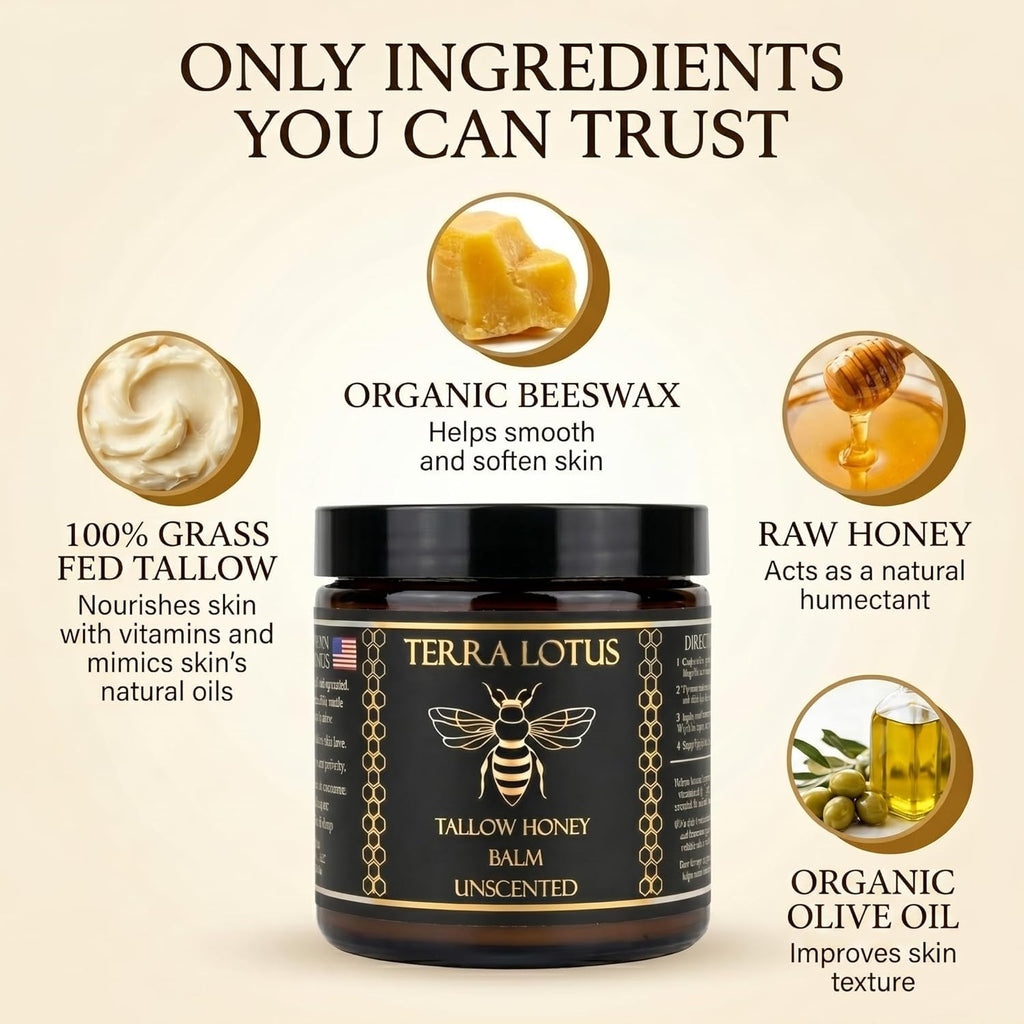 Terra Lotus - Organic Grass-Fed Beef Tallow Balm with Raw Honey - Moisturizing Cream - Handmade All-Natural Moisturizer (4 Oz, Unscented)