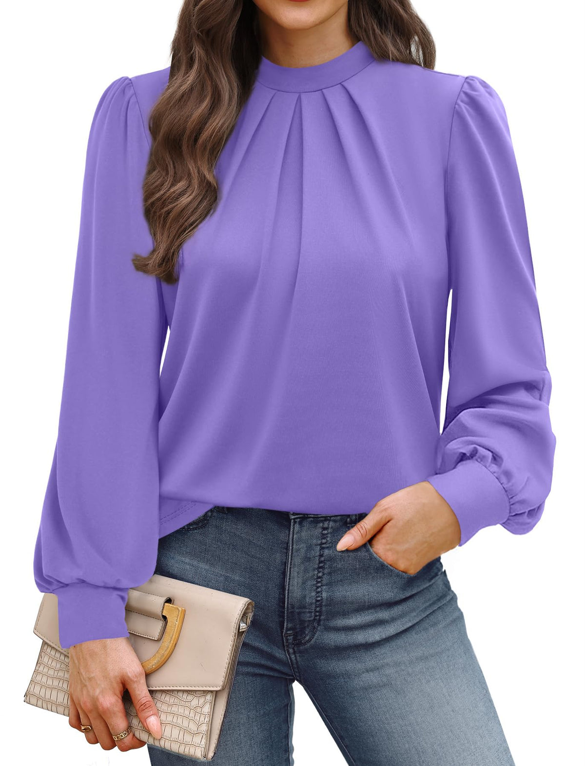 WIHOLL Long Sleeve Shirts for Women Mock Neck Tops Pleated Front Blouses Dressy Casual Spring Fall Clothes 2026 Fashion