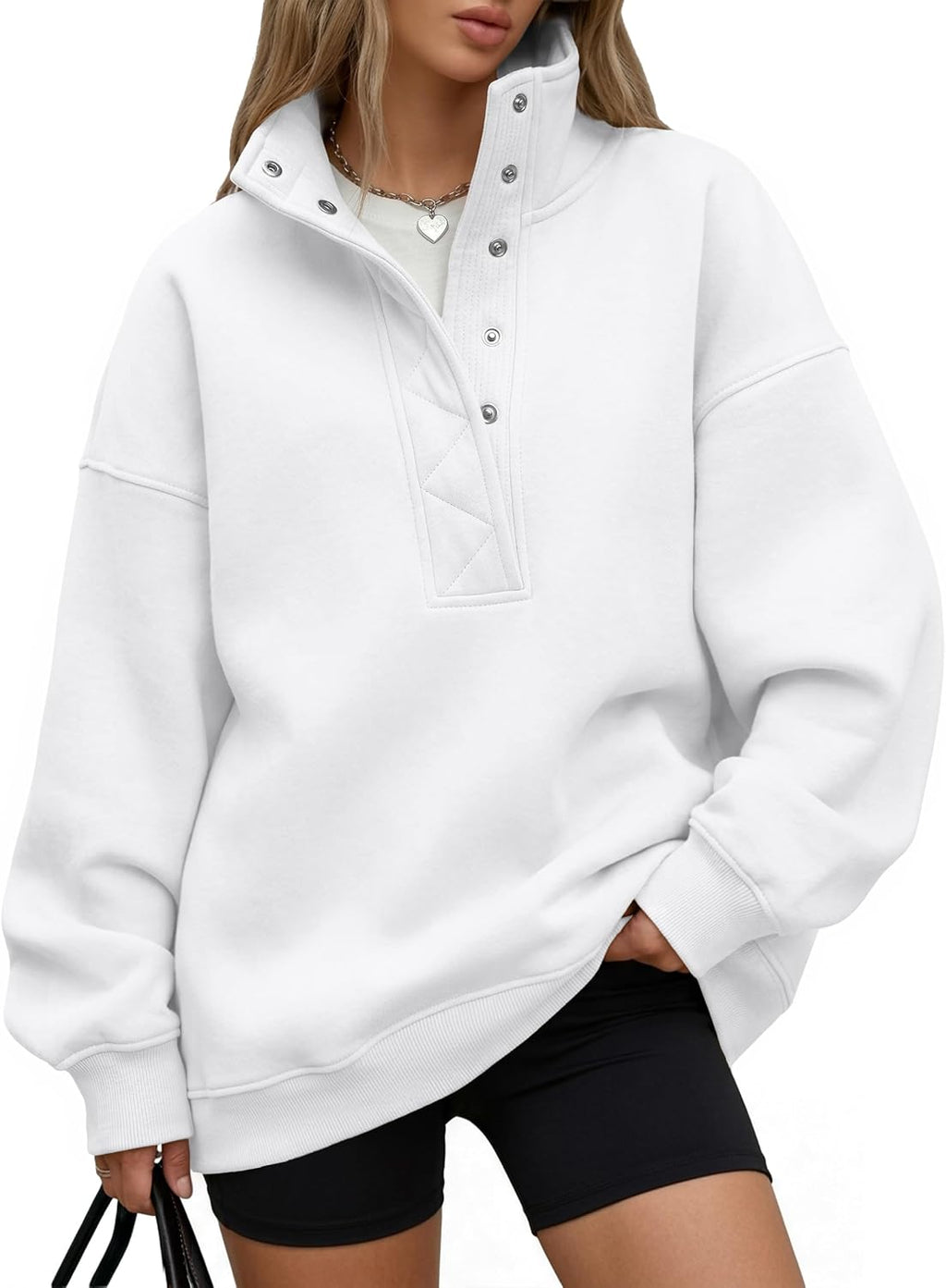 Trendy Queen Womens Oversized Sweatshirts with Snap Button Henley Collar