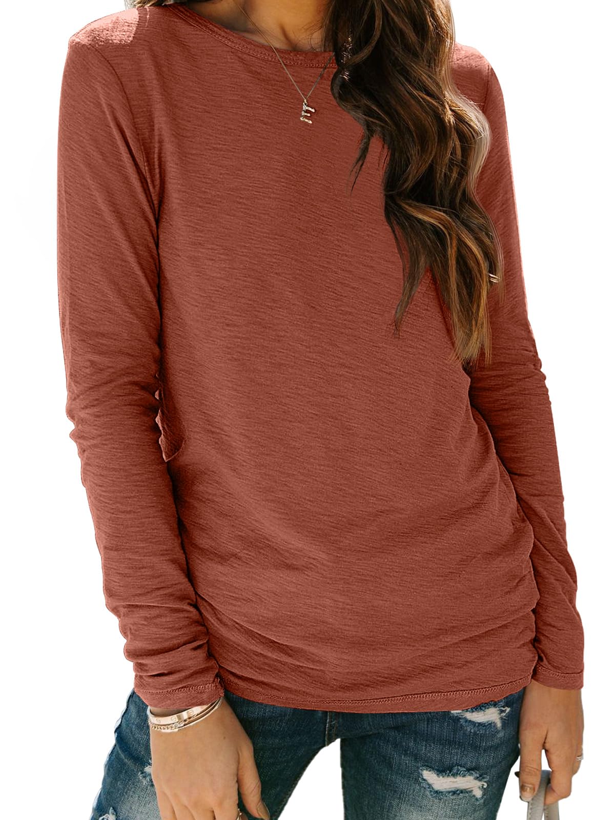 AUTOMET Women's Long Sleeve Crewneck Shirts Casual Basic Tops