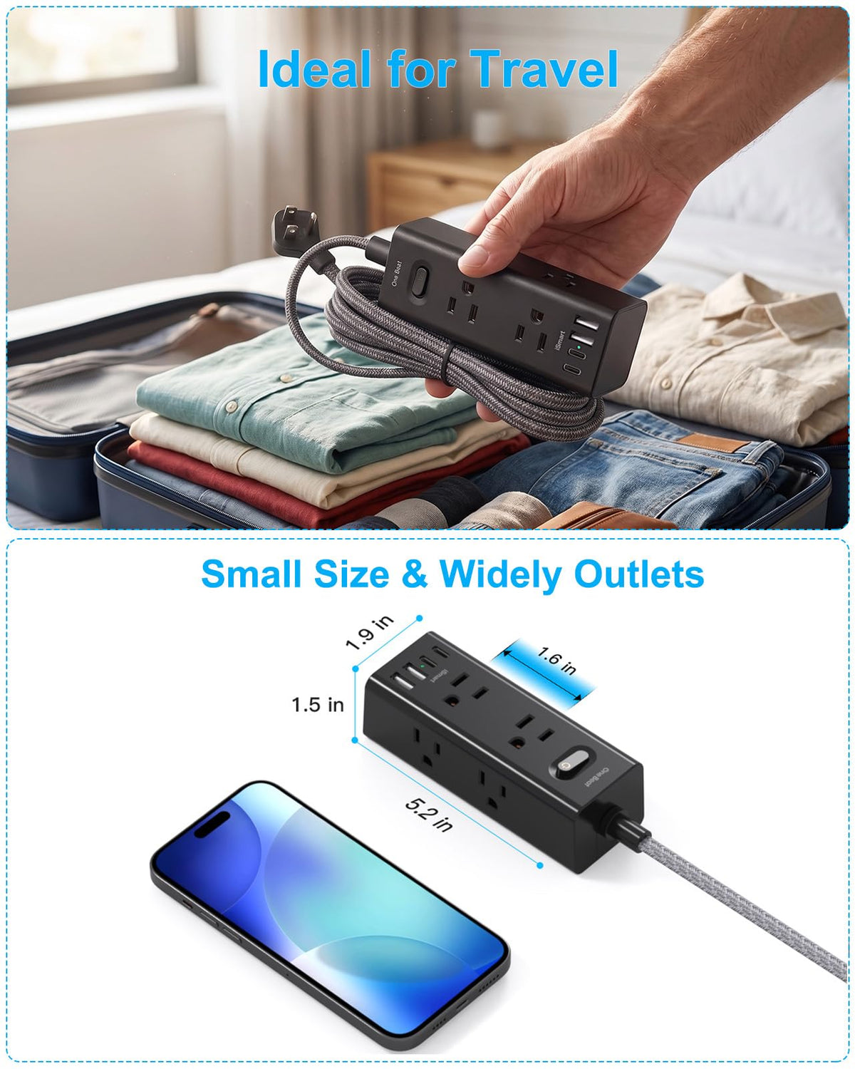 Surge Protector Power Strip 10Ft Long Extension Cord with Multiple Outlets