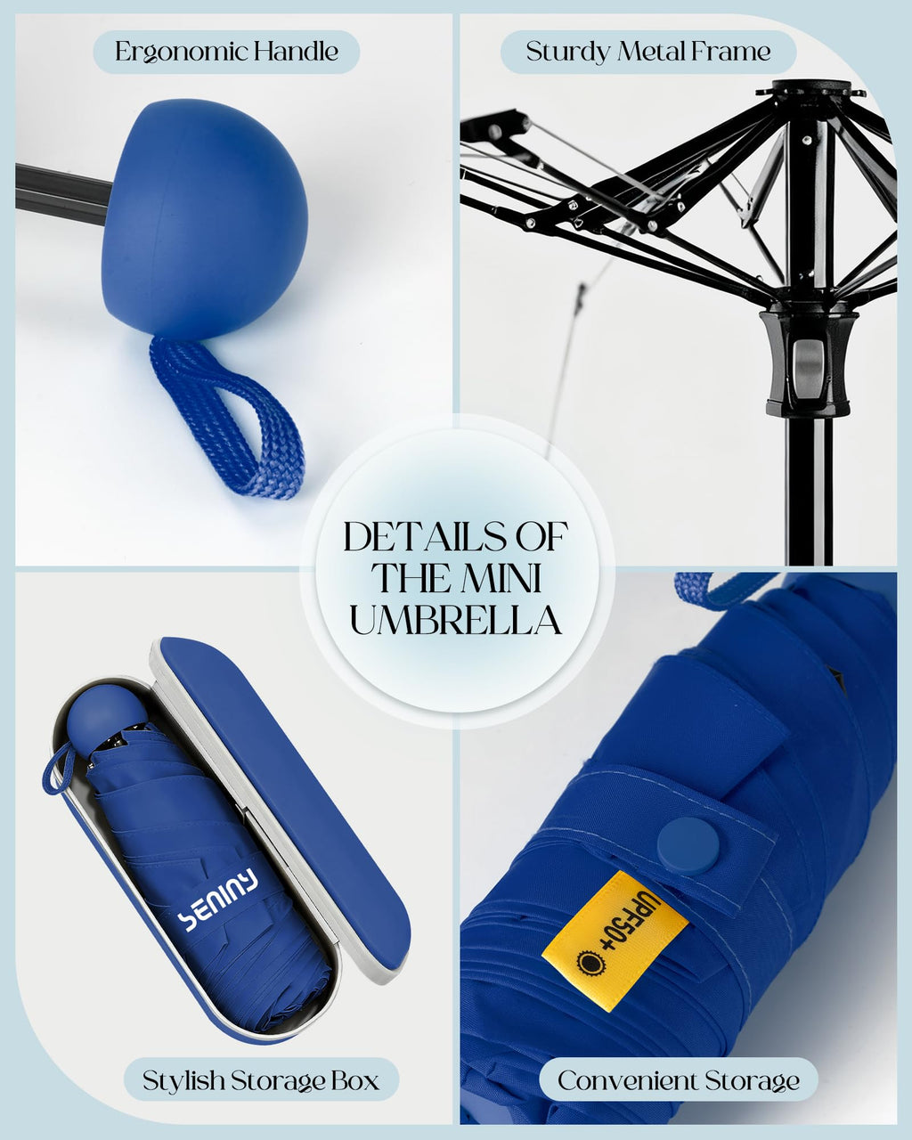 Seniny Mini Travel Umbrella with Case, Compact Pocket Size UV Sun & Rain