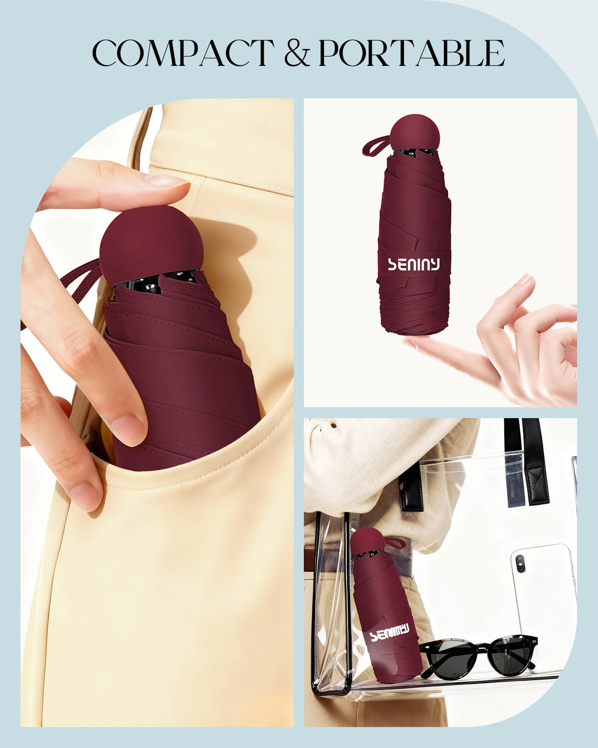 Seniny Mini Travel Umbrella with Case, Compact Pocket Size UV Sun & Rain