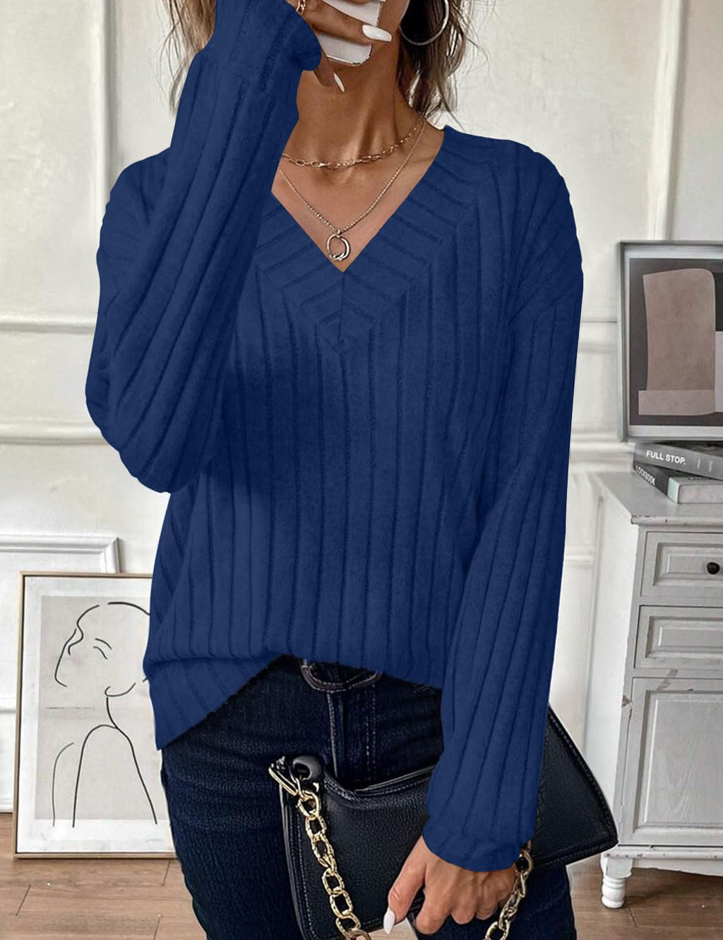 JUSTFASHIONNOW Long Sleeve V Neck Shirts for Women Lightweight Sweaters