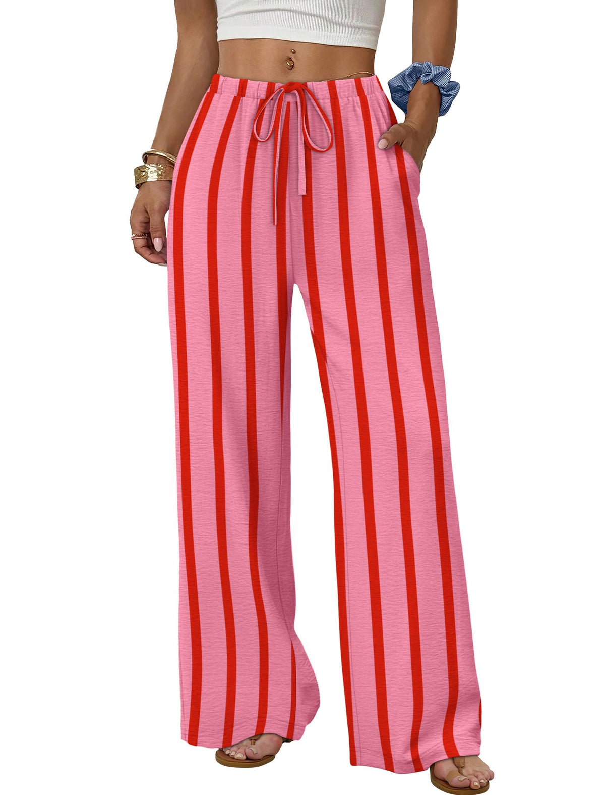 Sampeel Wide Leg Pants for Women Flowy Palazzo Drawstring Elastic Waist Trousers with Pockets Summer Beach Vacation Clothes