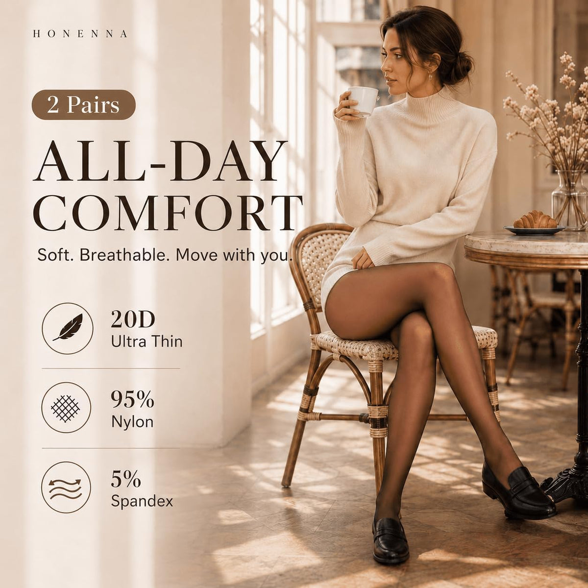 HONENNA Sheer Tights for Women 2 Pairs Ultra Thin Reinforced T Crotch Control Top Pantyhose Stockings