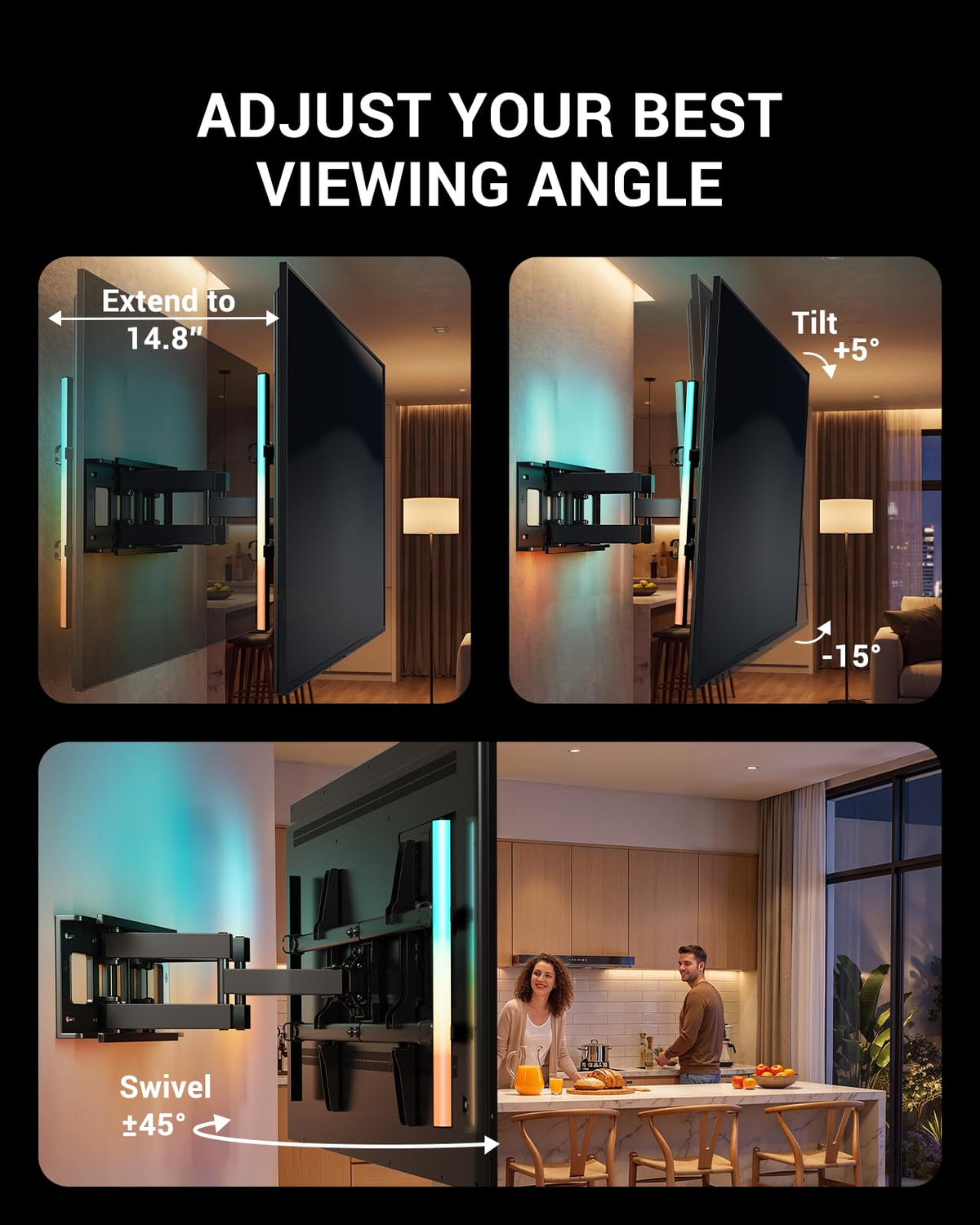Pipishell TV Wall Mount for 26-74 inch LED LCD OLED 4K TVs up to 99lbs, Full Motion TV Mount Bracket Articulating Swivel Extension Tilting Leveling Max VESA 400x400mm, Fits 12/16 Inch Wood Studs