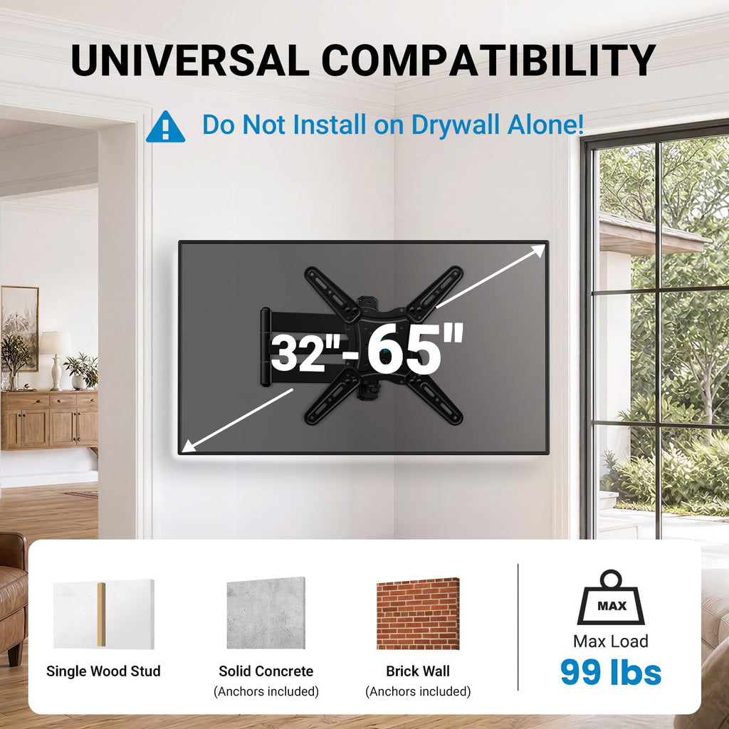 Pipishell TV Wall Mount for 26-74 inch LED LCD OLED 4K TVs up to 99lbs, Full Motion TV Mount Bracket Articulating Swivel Extension Tilting Leveling Max VESA 400x400mm, Fits 12/16 Inch Wood Studs