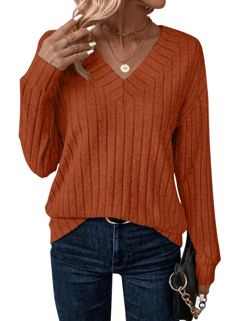 JUSTFASHIONNOW Long Sleeve V Neck Shirts for Women Lightweight Sweaters