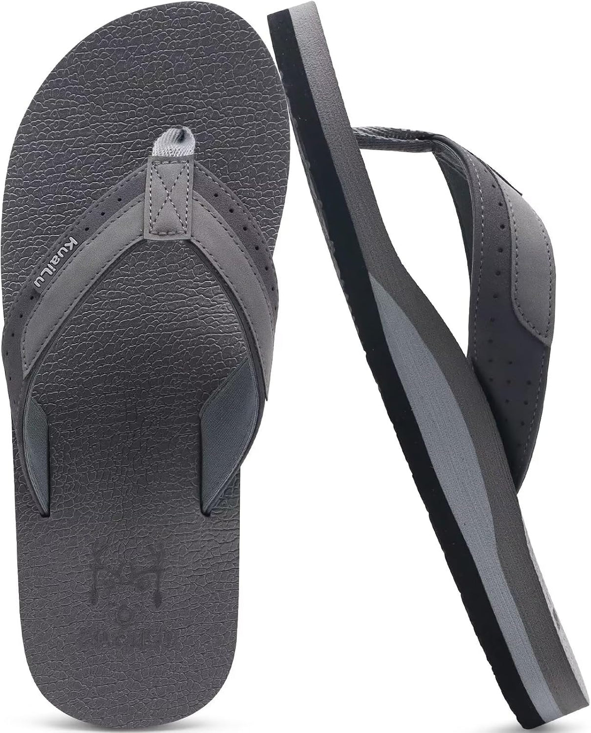 KuaiLu Mens Faux Leather Flip Flops with Comfortable Arch Support