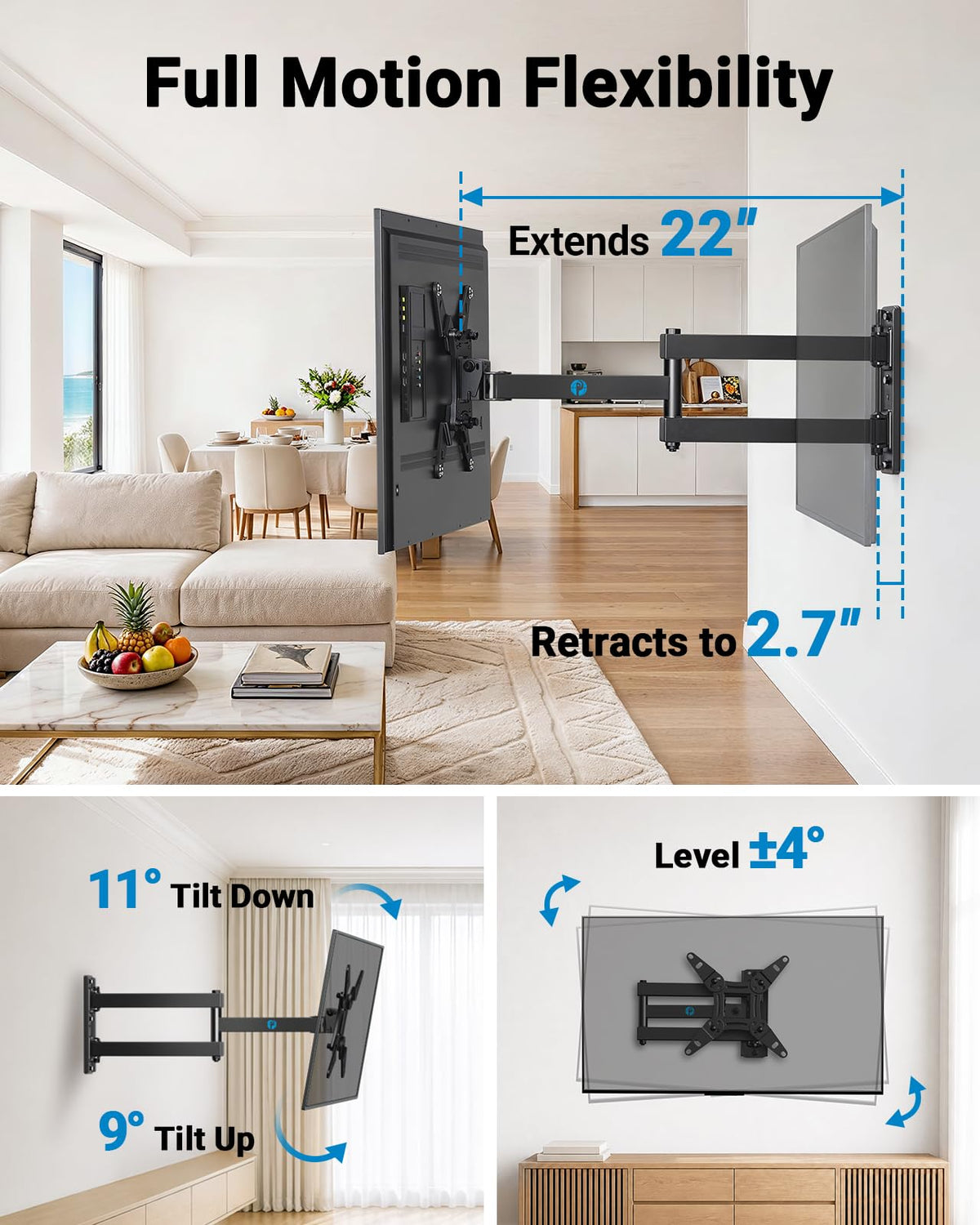 Pipishell TV Wall Mount for 26-74 inch LED LCD OLED 4K TVs up to 99lbs, Full Motion TV Mount Bracket Articulating Swivel Extension Tilting Leveling Max VESA 400x400mm, Fits 12/16 Inch Wood Studs