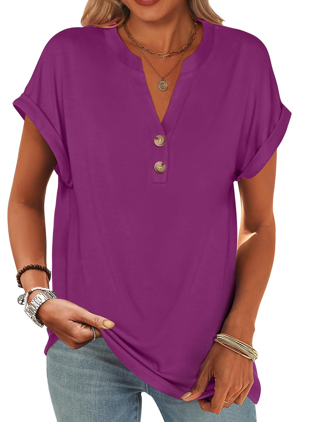 ANRABESS Womens Short Sleeve Henley Tops Summer Shirts Dressy Casual Blouse