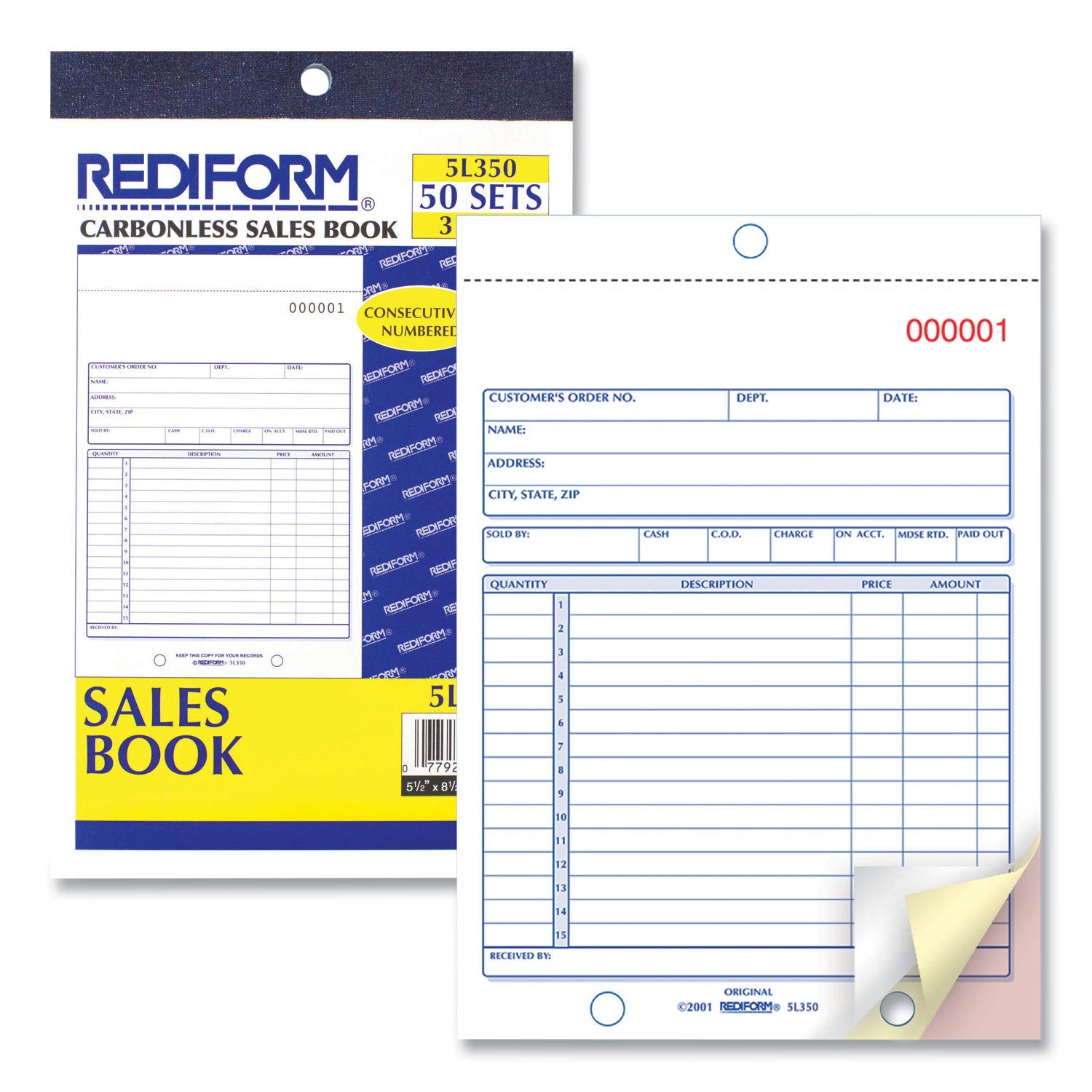 Rediform Sales Book, Three-Part Carbonless, 5.5 x 7.88, 1/Page, 50 Sets/Book