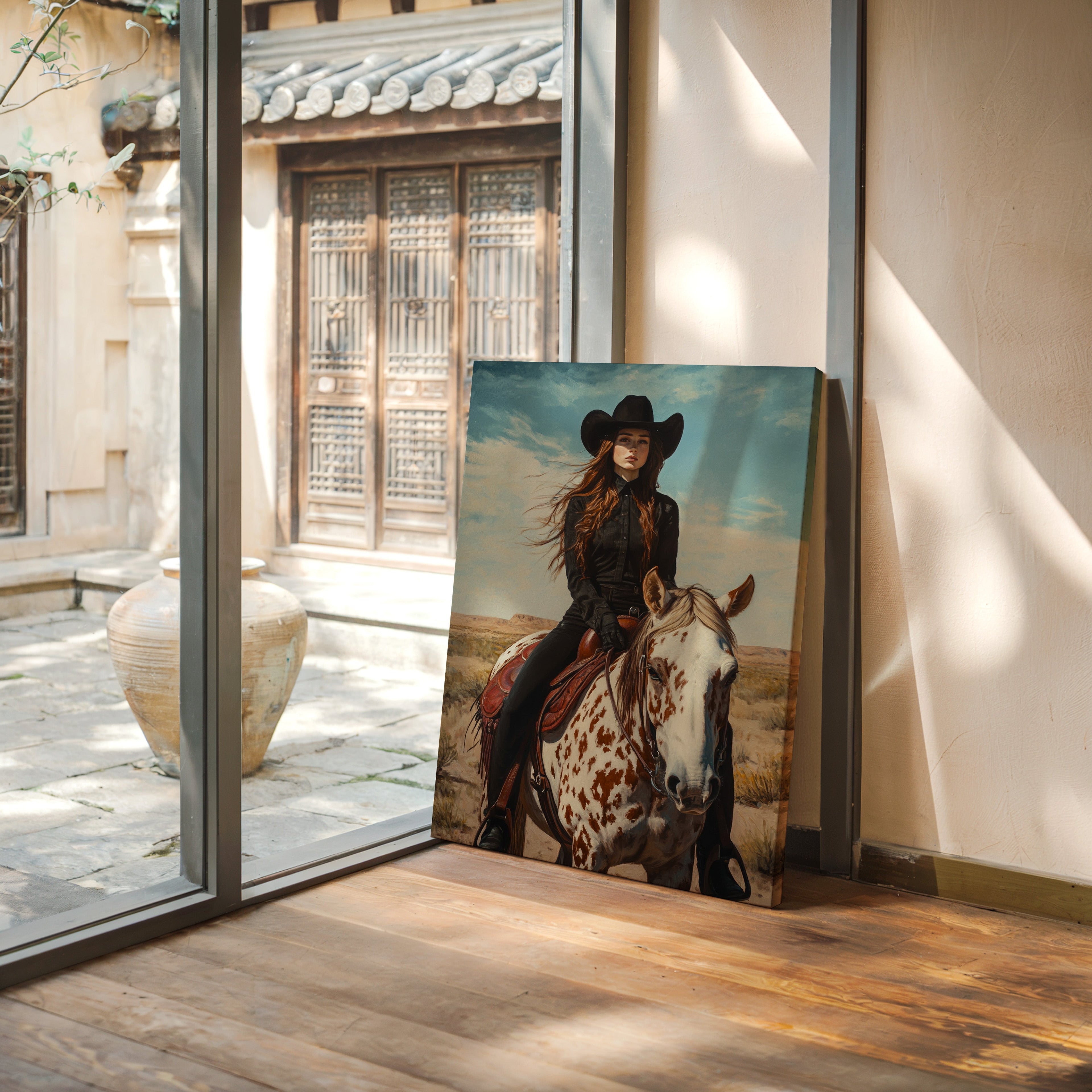 Desert Reins – Cowgirl on Paint Horse Portrait
