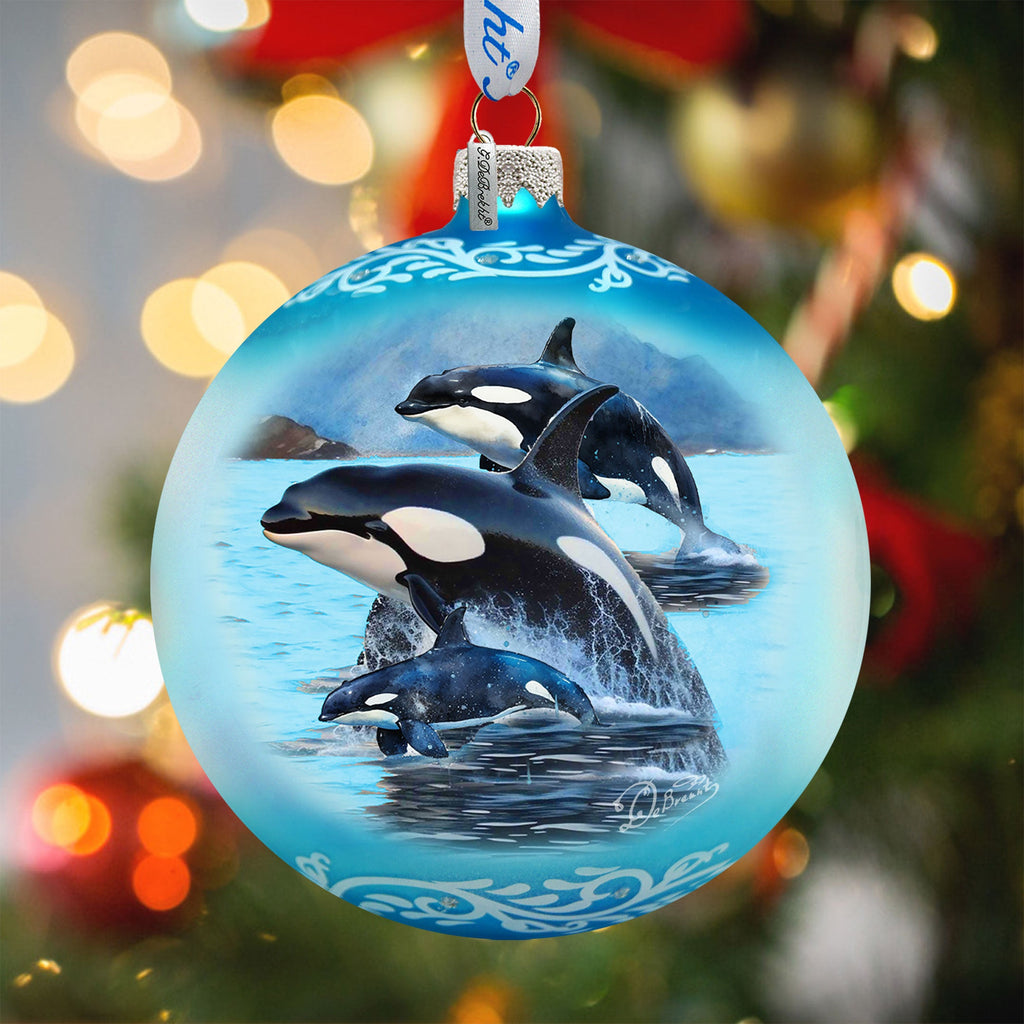 Orca Family Glass Ornament – Handcrafted Mercury Glass Ornament - Coastal Wildlife Holiday Decor by G. DeBrekht – 73391