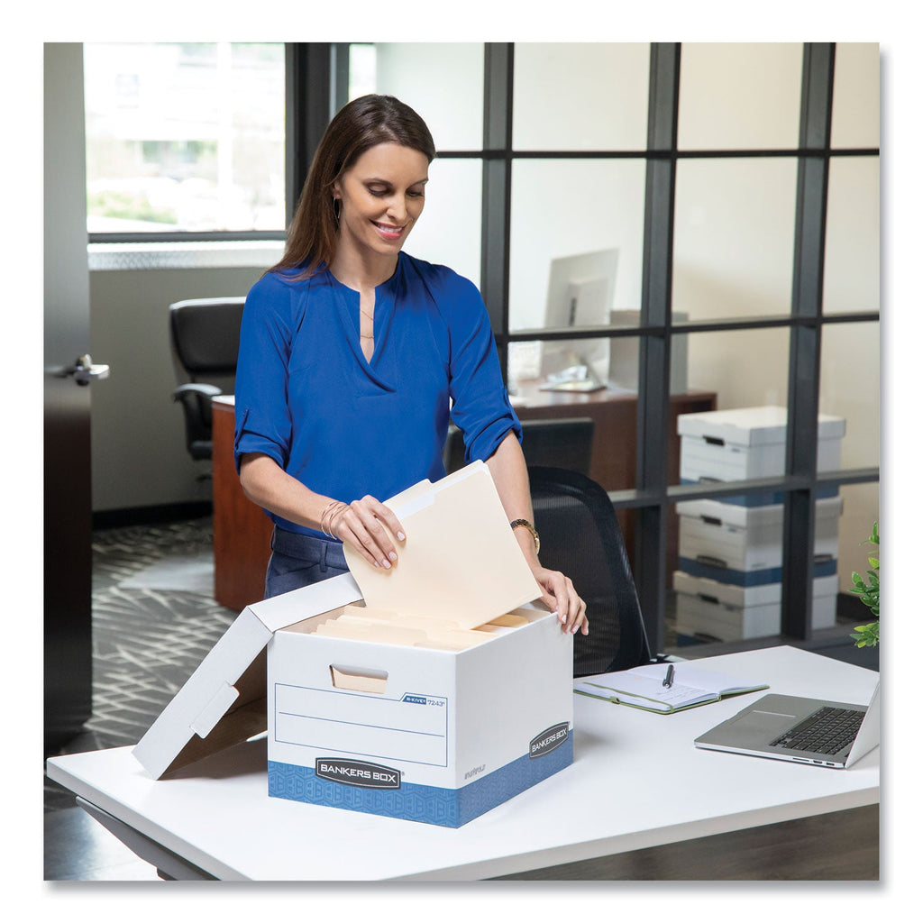 Bankers Box PRESTO Heavy-Duty Storage Boxes, Legal Files, 16" x 10.38", White/Blue, 12/Carton