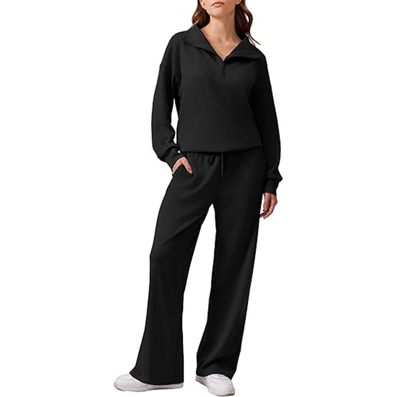 Women’s Casual Two-Piece Set – Lapel Top & Wide-Leg Pants