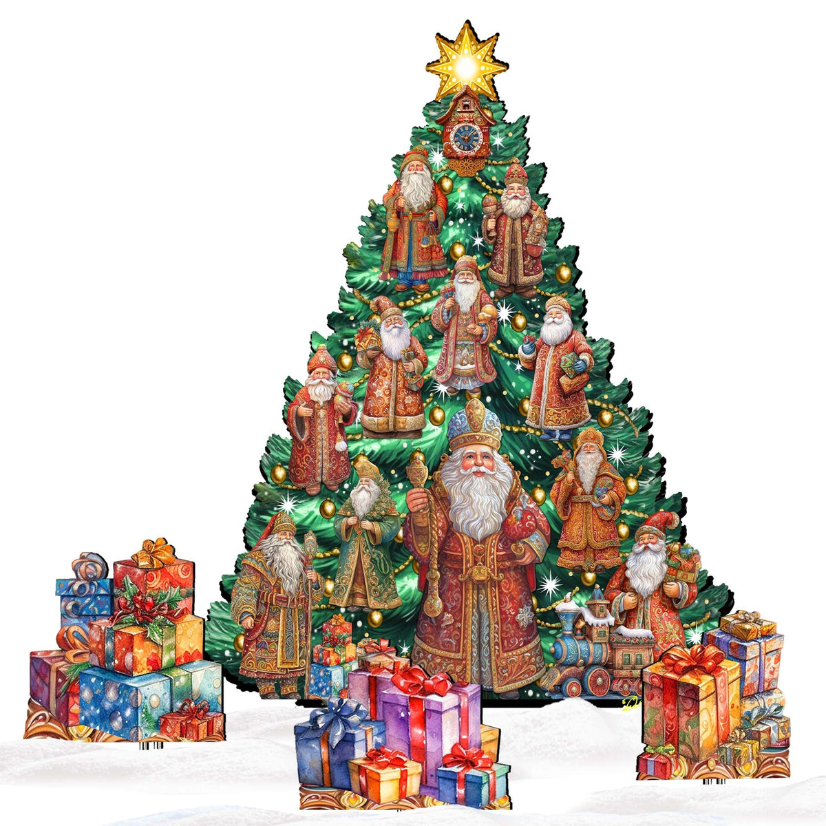 Santa-Themed Christmas Tree Set Outdoor Indoor Decor Wooden Christmas Decoration by G. Debrekht Christmas Decor - 8191517F-G