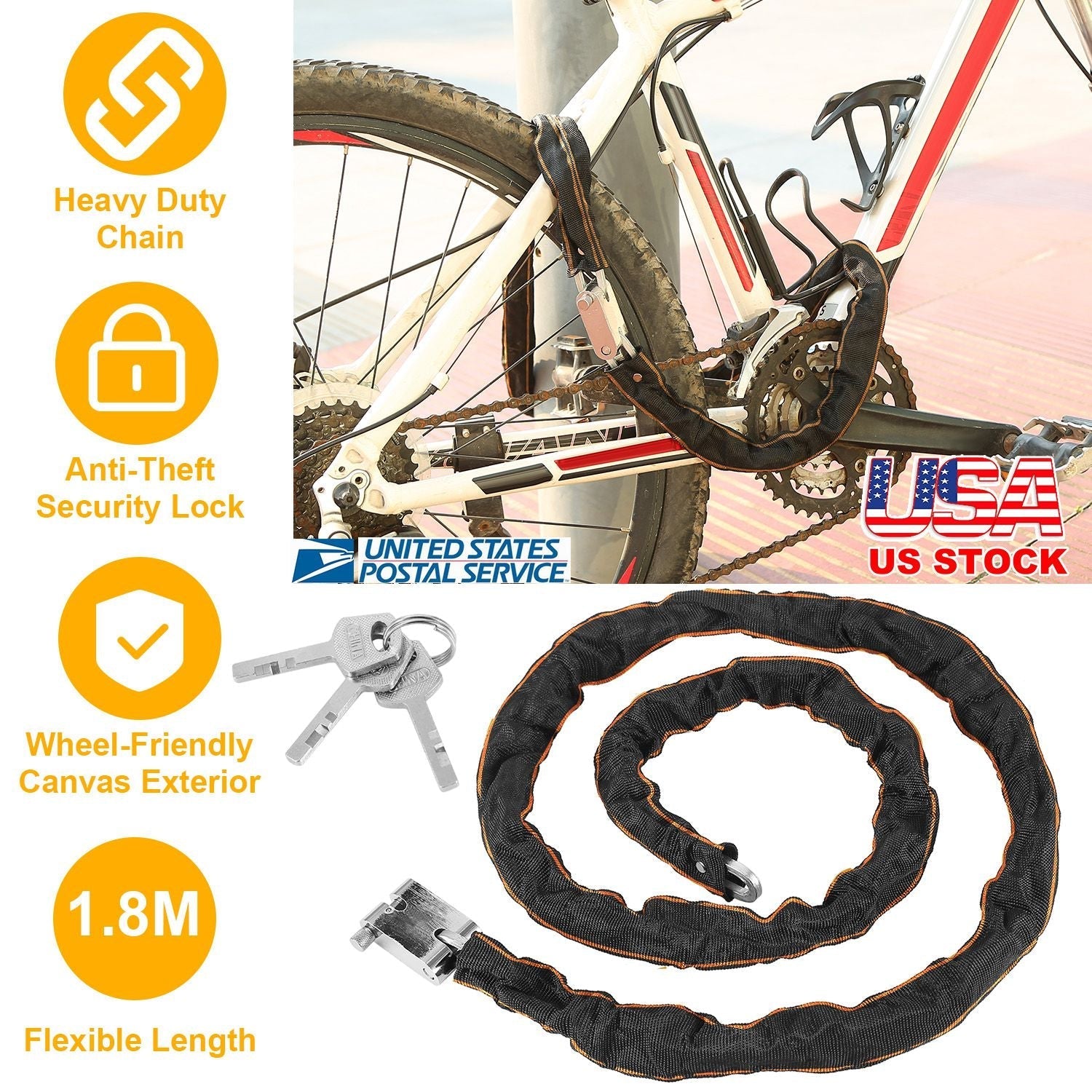 1.8M Bike Chain Lock w/ 3 Keys Heavy Duty Security Lock Bicycle Motorcycle Motor Bike Chain Lock
