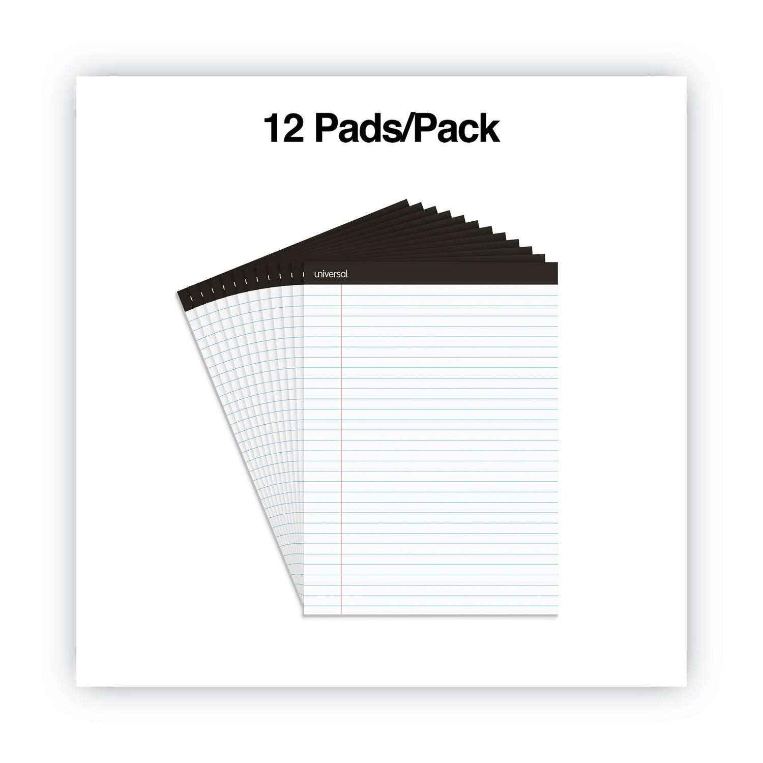 Universal Premium Ruled Writing Pads with Heavy-Duty Back, Wide/Legal Rule, Black Headband, 50 White 8.5 x 11 Sheets, 12/Pack