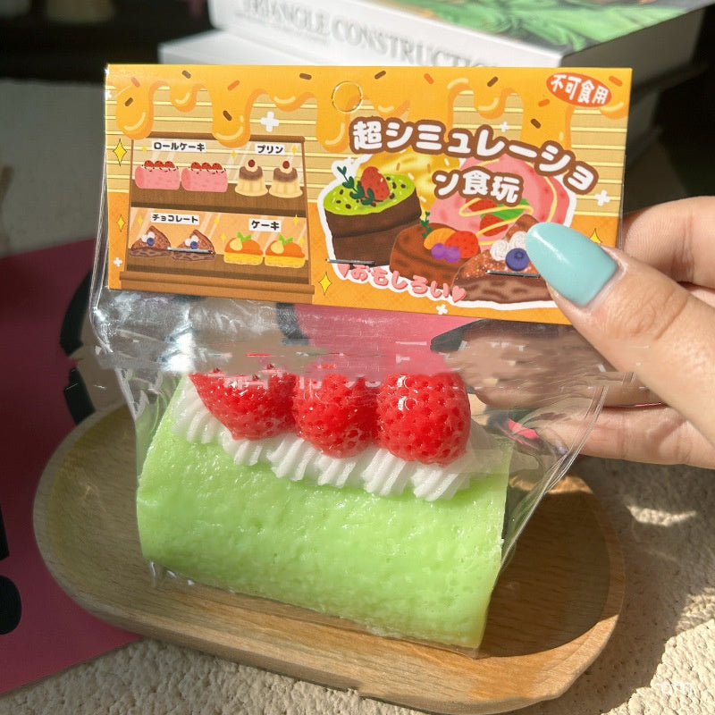 Swiss Roll Cake Squishy Squeeze Toy – Matcha, Strawberry & Chocolate