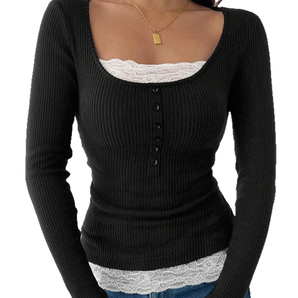 Women's Lace Stitching Crew Neck T-shirt Top