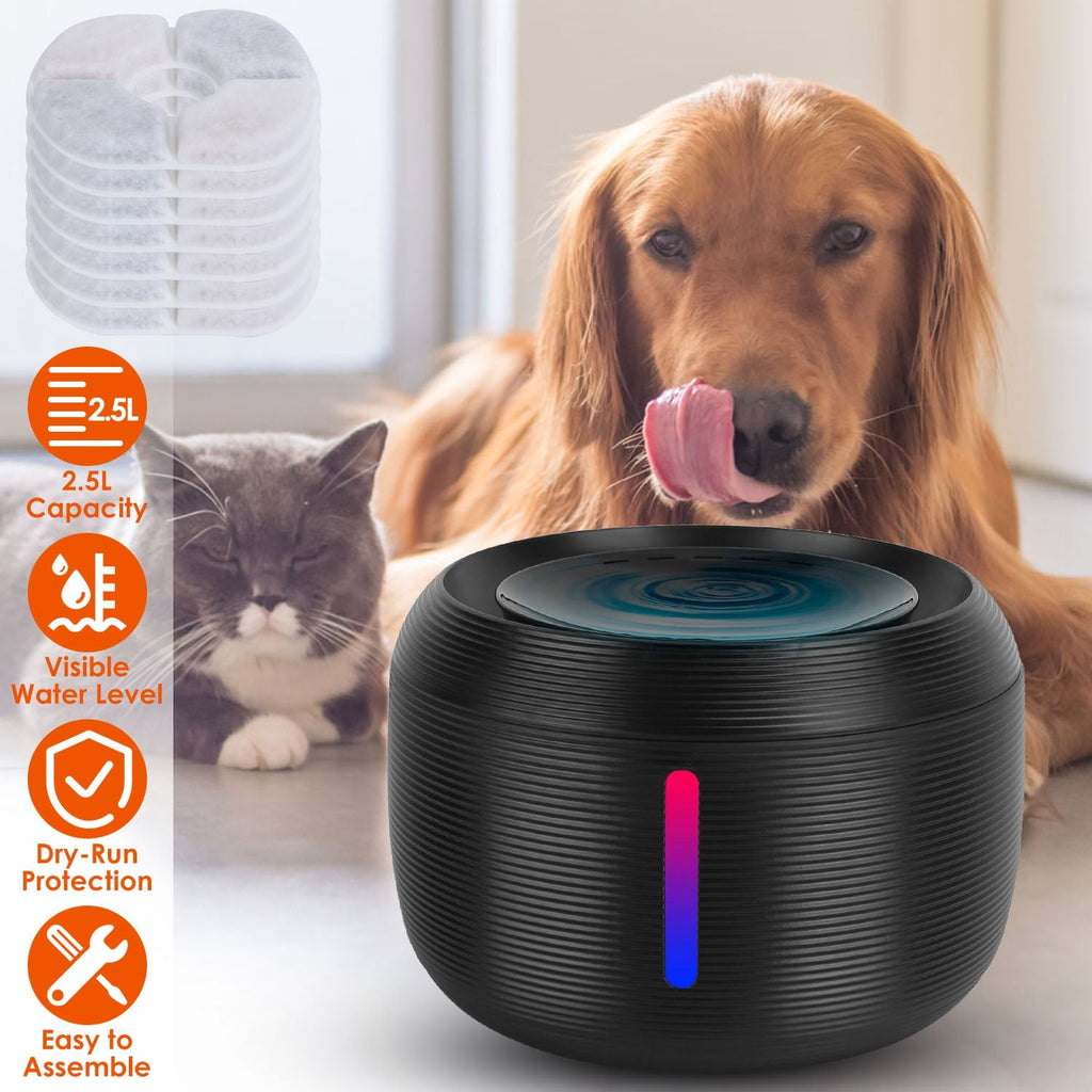 2.5L 84.54OZ Pet Water Fountain Smart Pet Drinking Fountain with LED Light 7 Pack Replaceable Filters Water Level Quiet Pump Dry-Run Protection Cat Do