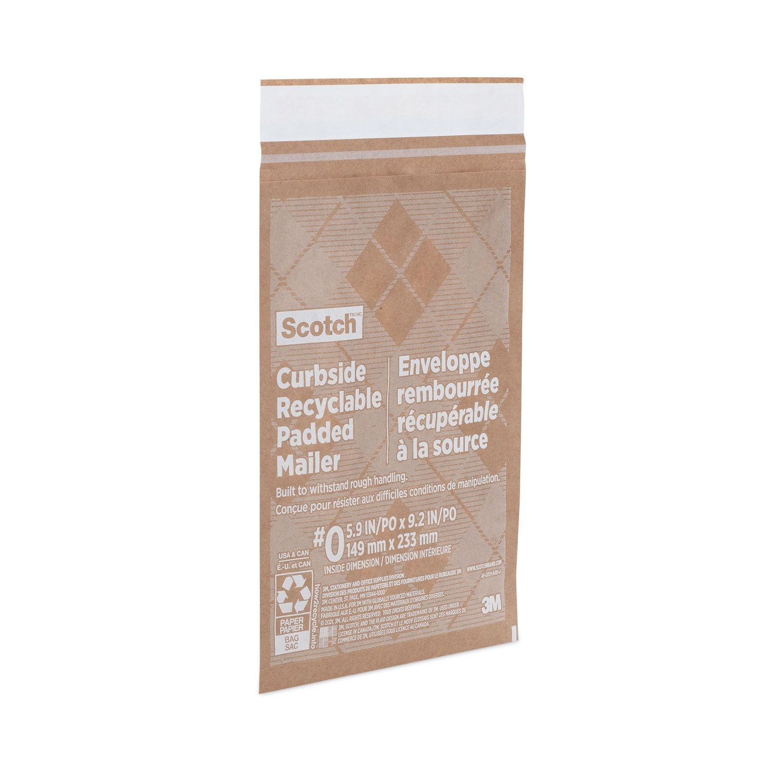 Scotch Curbside Recyclable Padded Mailer, #0, Bubble Cushion, Self-Adhesive Closure, 7 x 11.25, Natural Kraft, 100/Carton